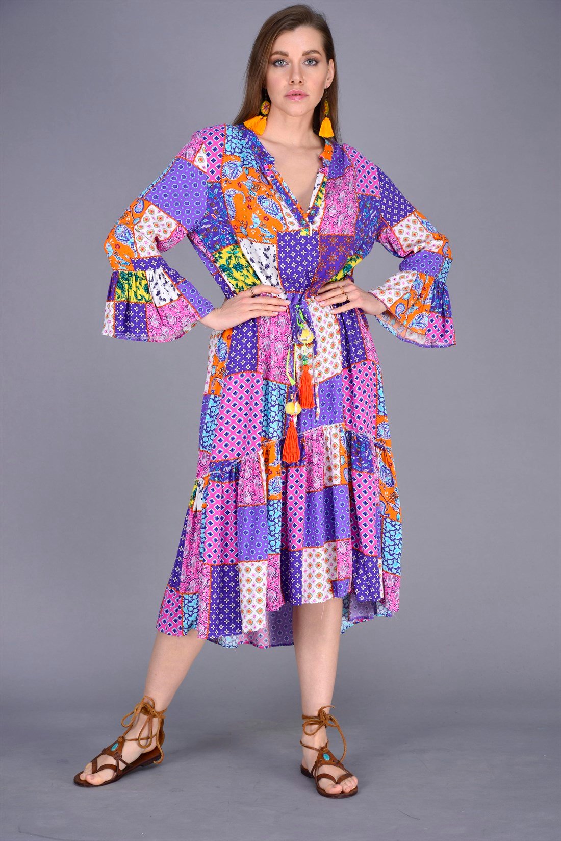 ANR10234 ASİMETRİK KESİM PATCHWORK BOHO ELBİSE