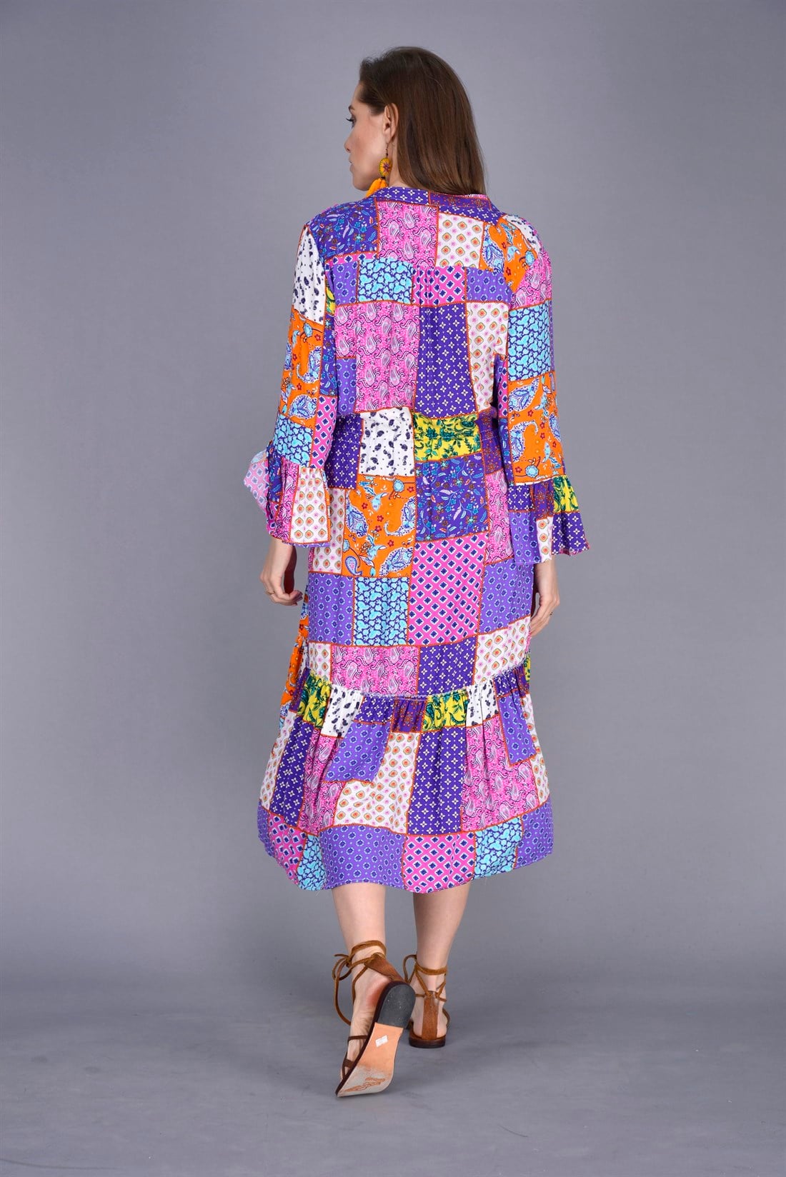 ANR10234 ASİMETRİK KESİM PATCHWORK BOHO ELBİSE