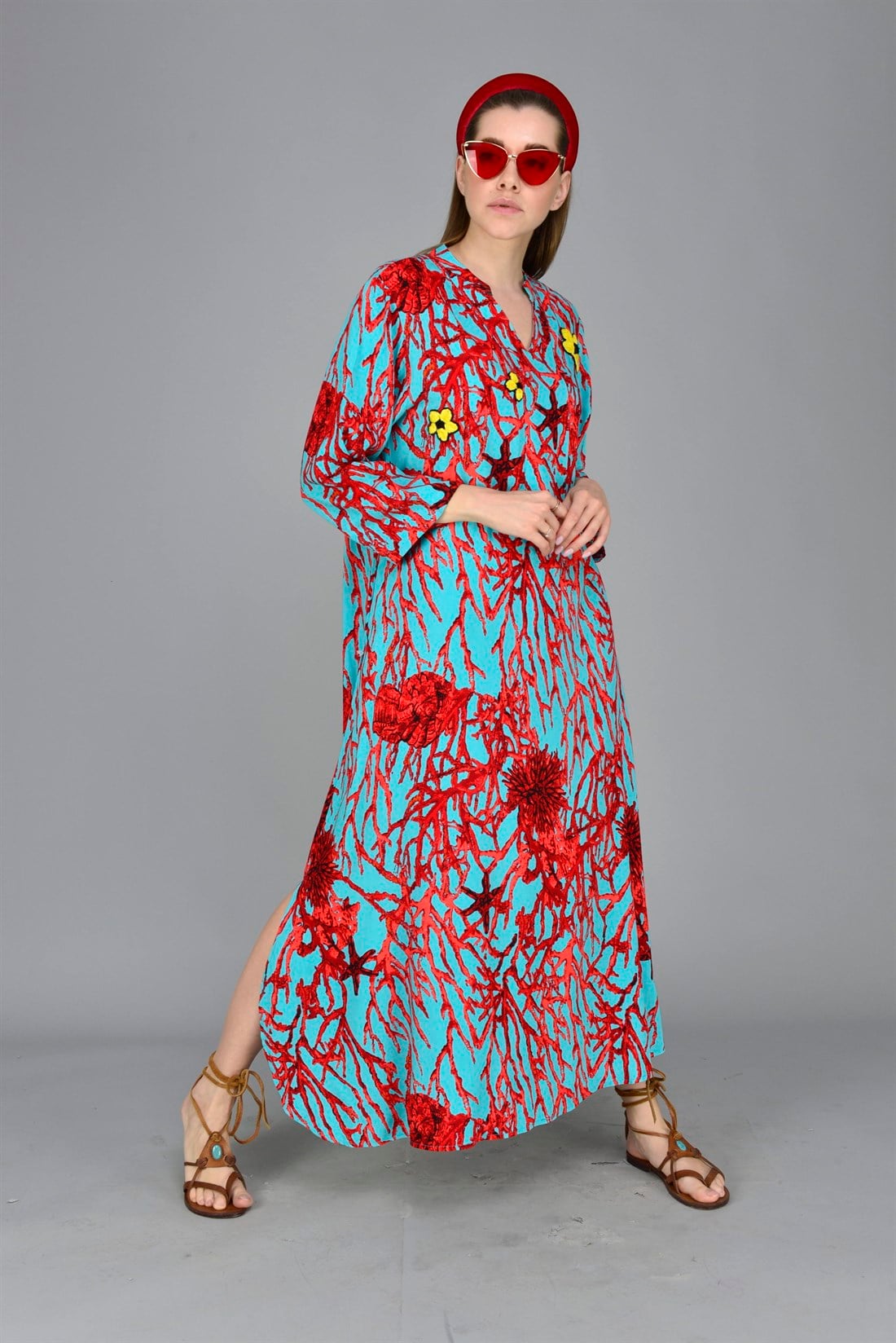 ANR140 GORGONIA MERCAN DESEN BOHO ELBİSE