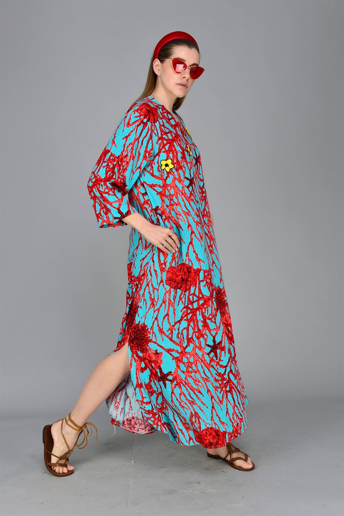 ANR140 GORGONIA MERCAN DESEN BOHO ELBİSE