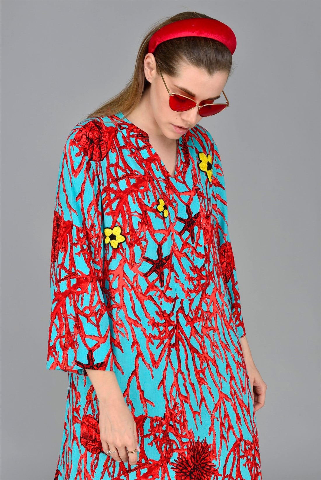 ANR140 GORGONIA MERCAN DESEN BOHO ELBİSE