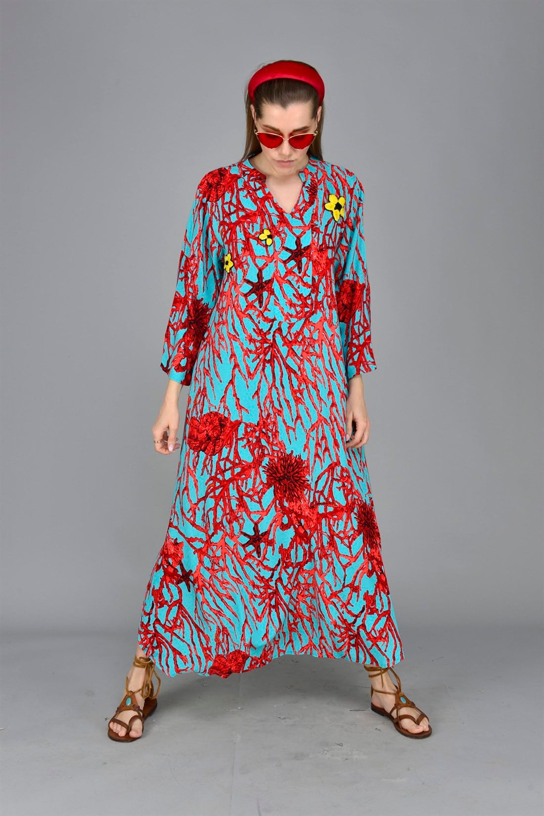ANR140 GORGONIA MERCAN DESEN BOHO ELBİSE