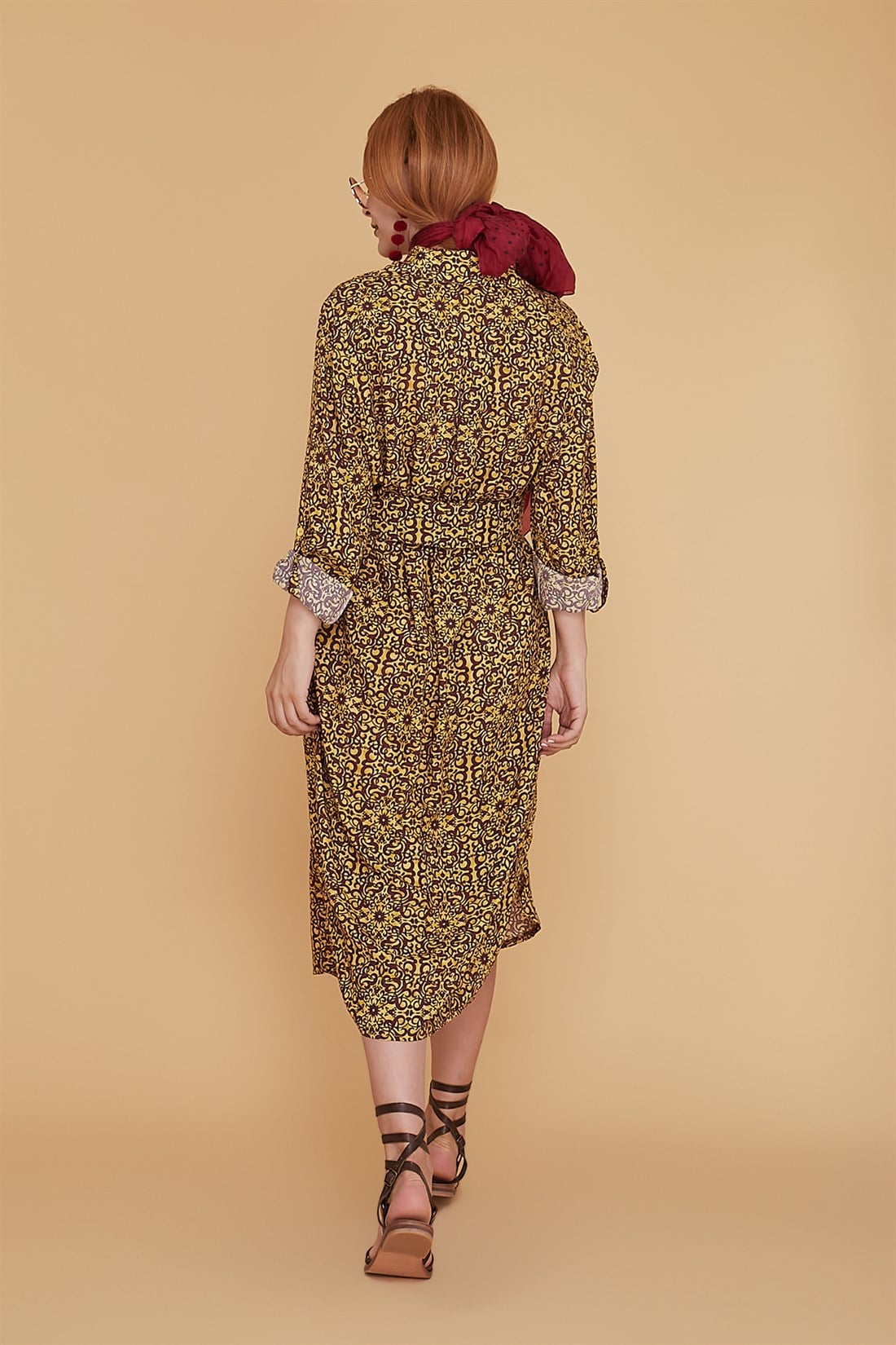 ANR147-A BONCUK KEMERLİ  ÇİNİ DESEN BOHO GÖMLEK ELBİSE