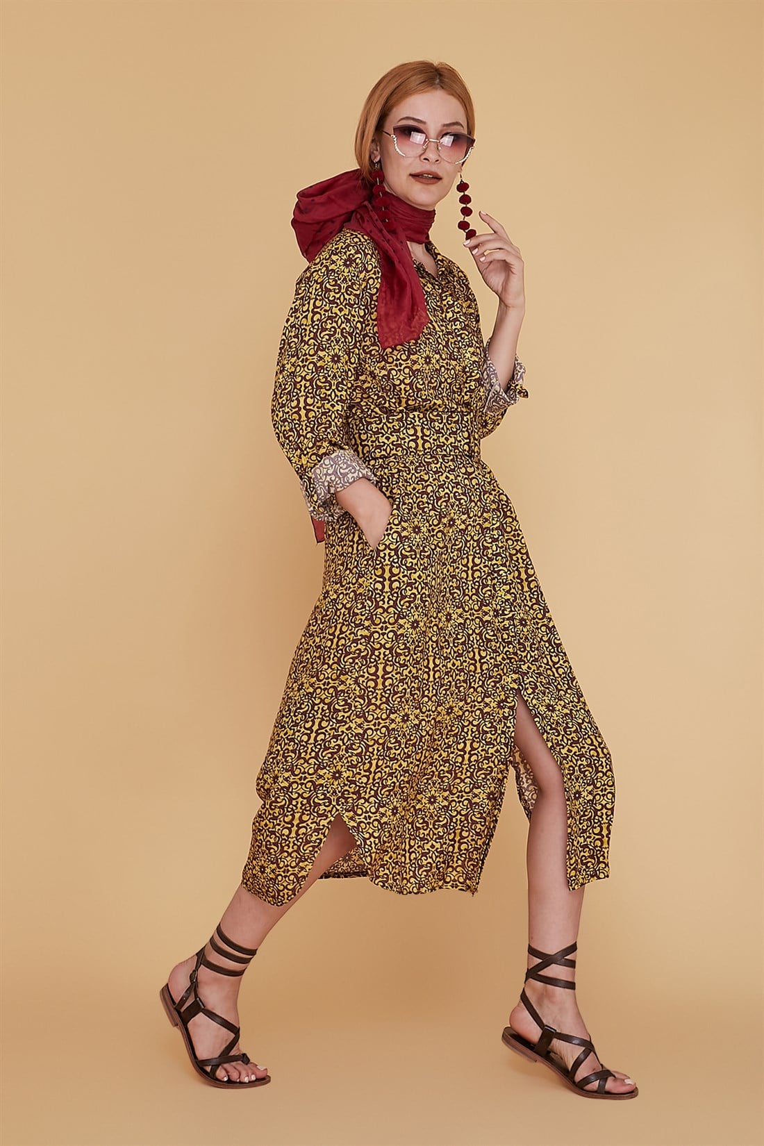 ANR147-A BONCUK KEMERLİ  ÇİNİ DESEN BOHO GÖMLEK ELBİSE
