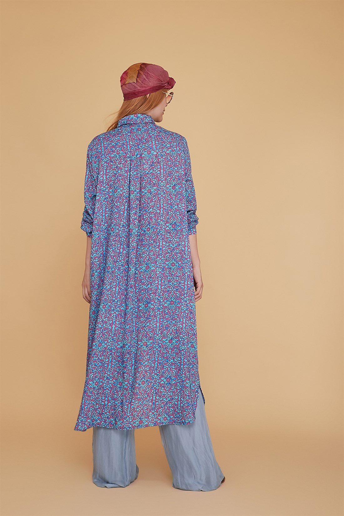 ANR147-A BONCUK KEMERLİ  ÇİNİ DESEN BOHO GÖMLEK ELBİSE