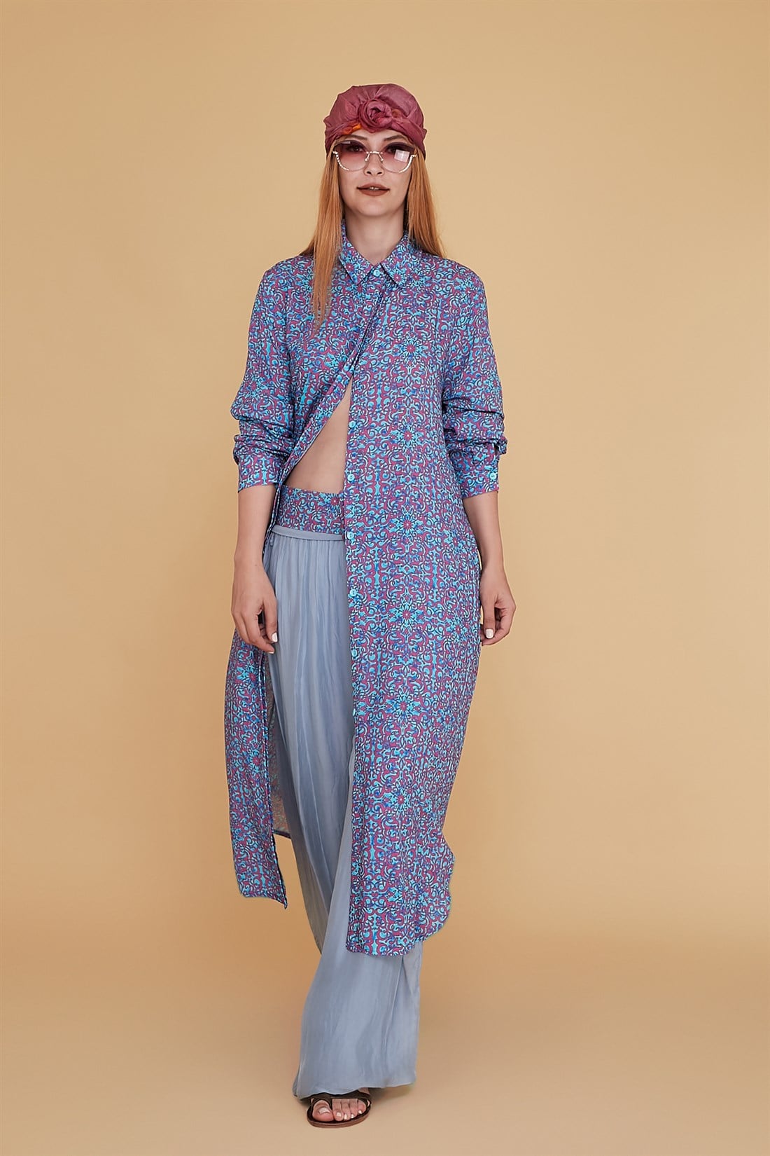 ANR147-A BONCUK KEMERLİ  ÇİNİ DESEN BOHO GÖMLEK ELBİSE