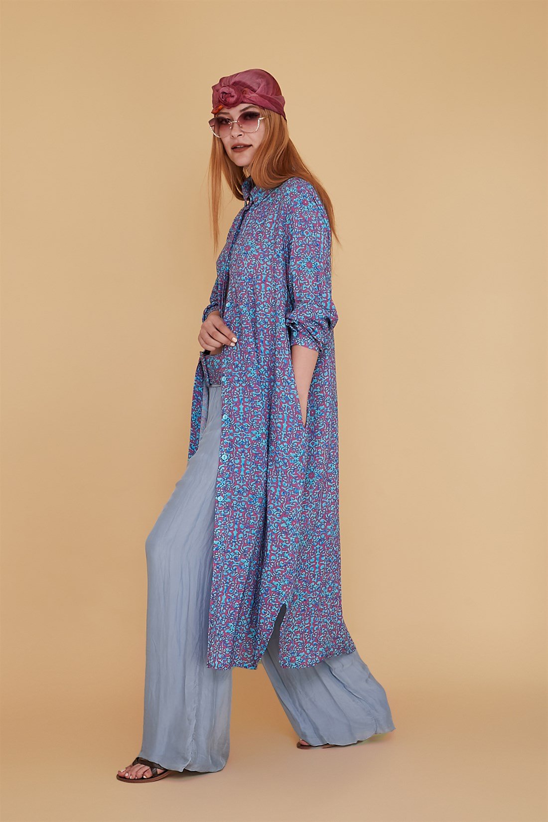 ANR147-A BONCUK KEMERLİ  ÇİNİ DESEN BOHO GÖMLEK ELBİSE