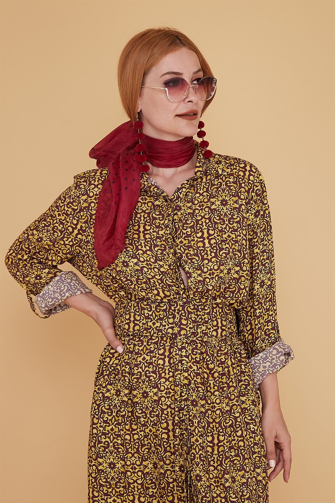 ANR147-A BONCUK KEMERLİ  ÇİNİ DESEN BOHO GÖMLEK ELBİSE