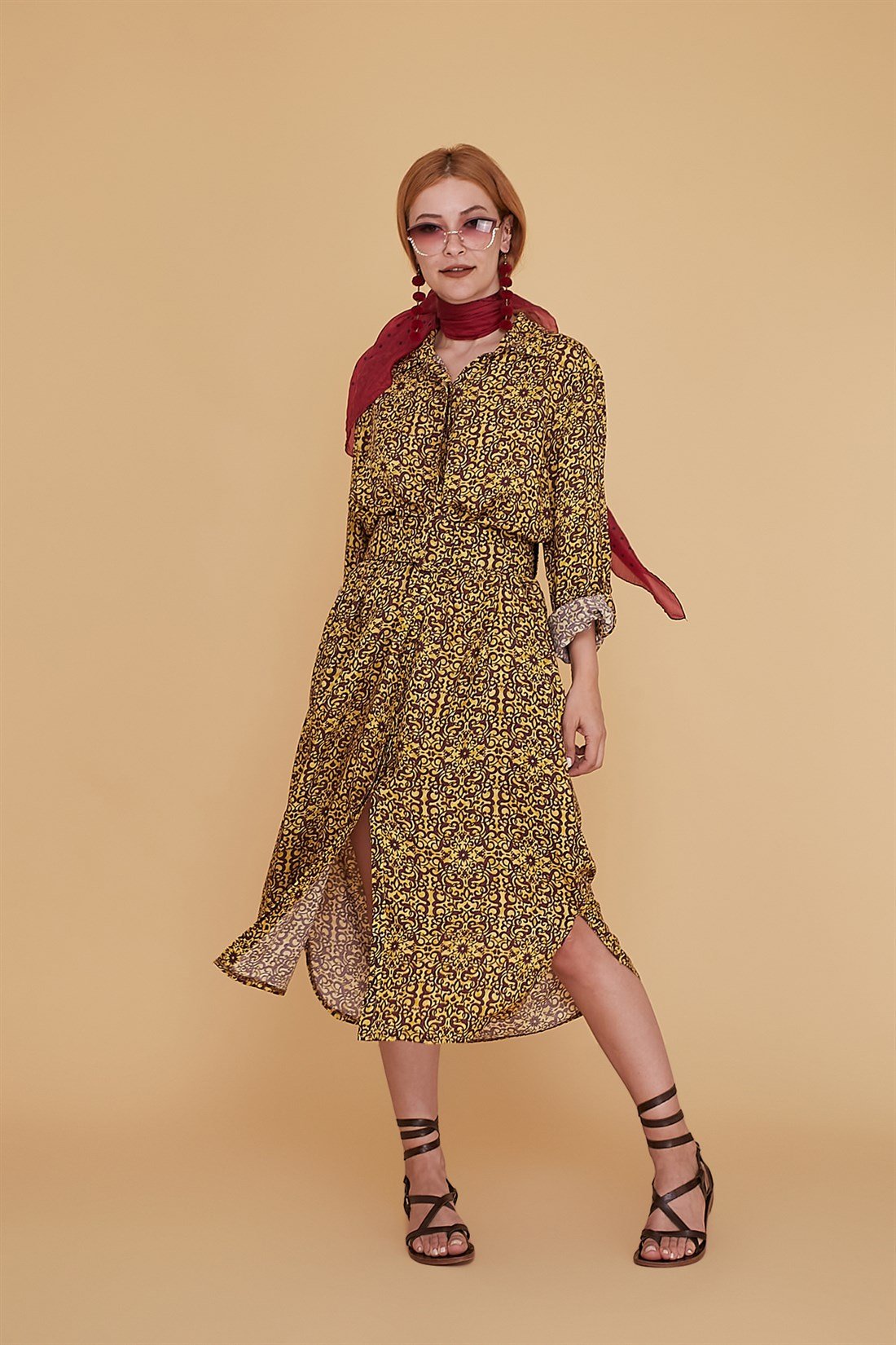 ANR147-A BONCUK KEMERLİ  ÇİNİ DESEN BOHO GÖMLEK ELBİSE