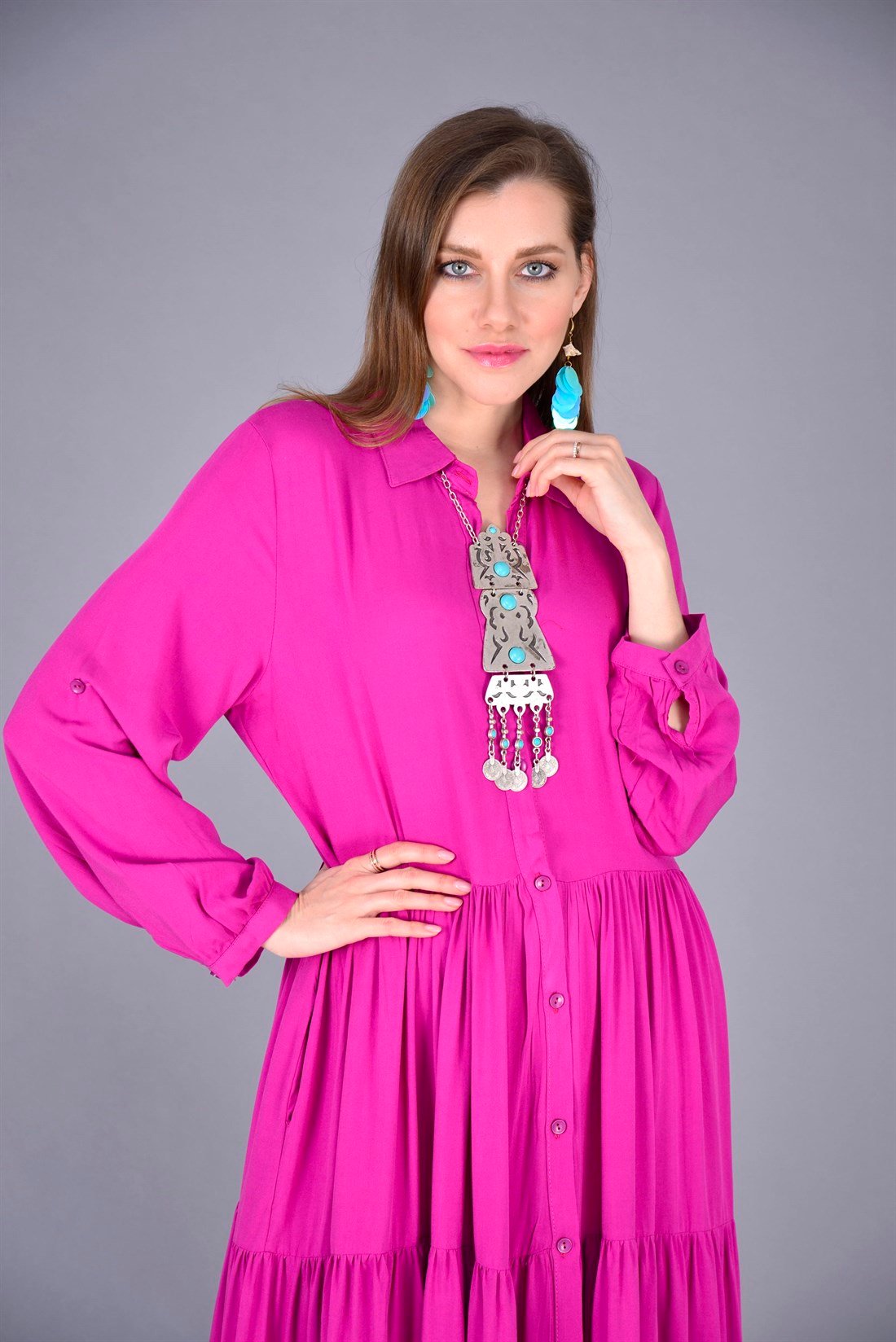 ANR151 GÖMLEK YAKA BOHO ELBİSE