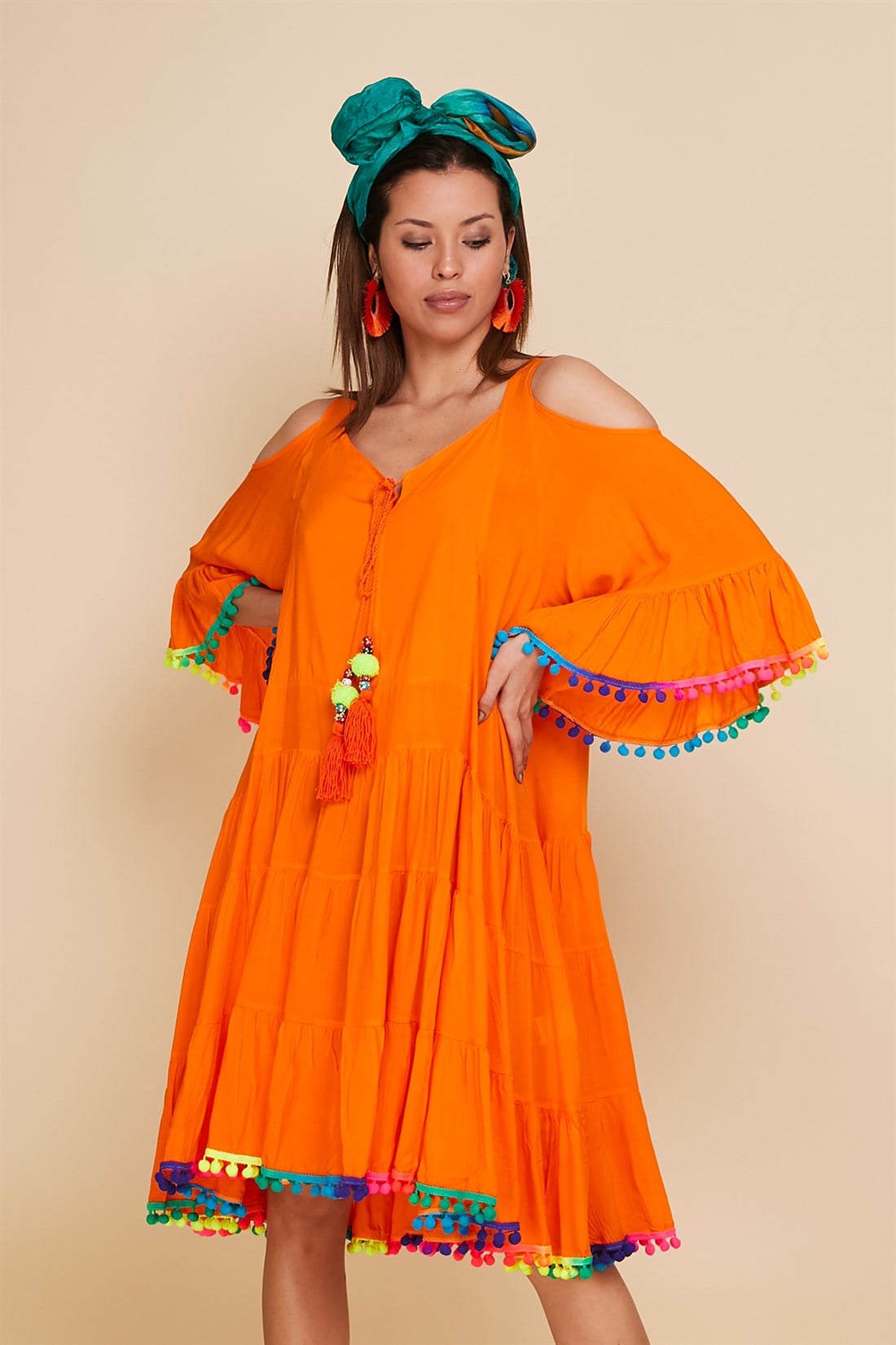 ANR152 NEON PONPON DETAY BOHO ELBİSE