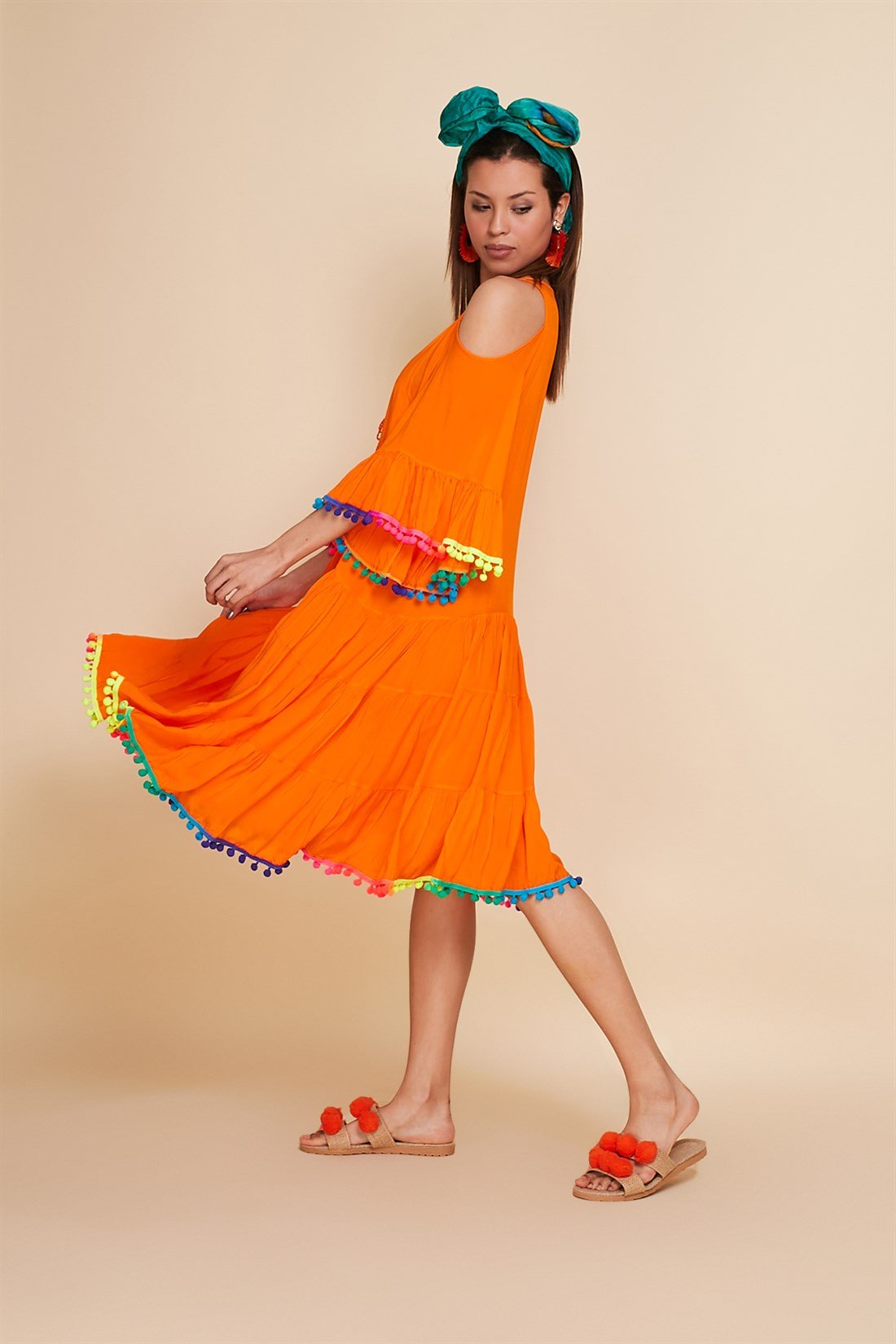 ANR152 NEON PONPON DETAY BOHO ELBİSE