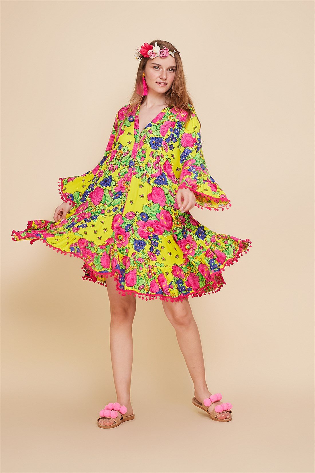 AN179 FLORAL DESEN BOHO KISA ELBİSE