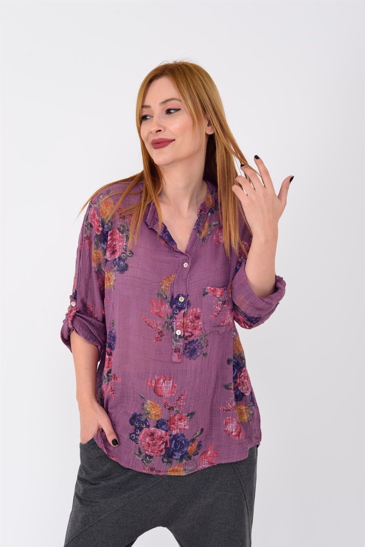ÇİÇEK DESENLİ ÇİZGİLİ GÖMLEK