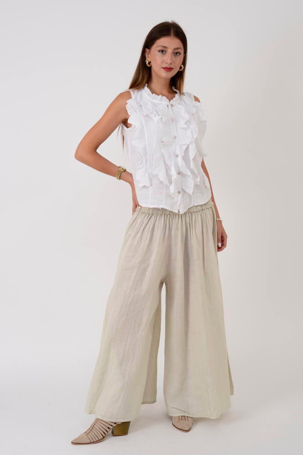 E1047 ZAZ GENİŞ LASTİKLİ BOL PAÇA KETEN PANTOLON