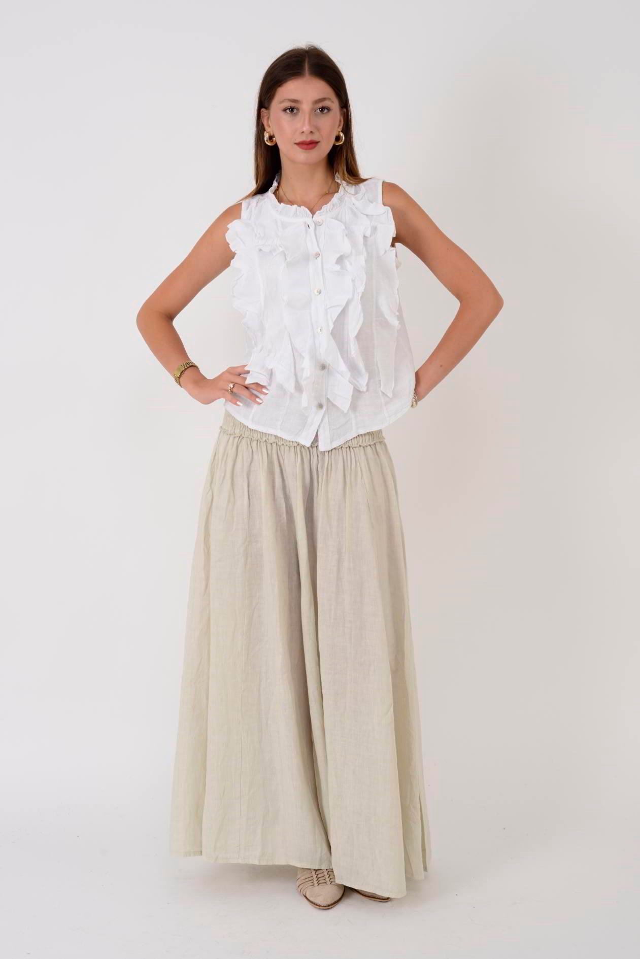 E1047 ZAZ GENİŞ LASTİKLİ BOL PAÇA KETEN PANTOLON