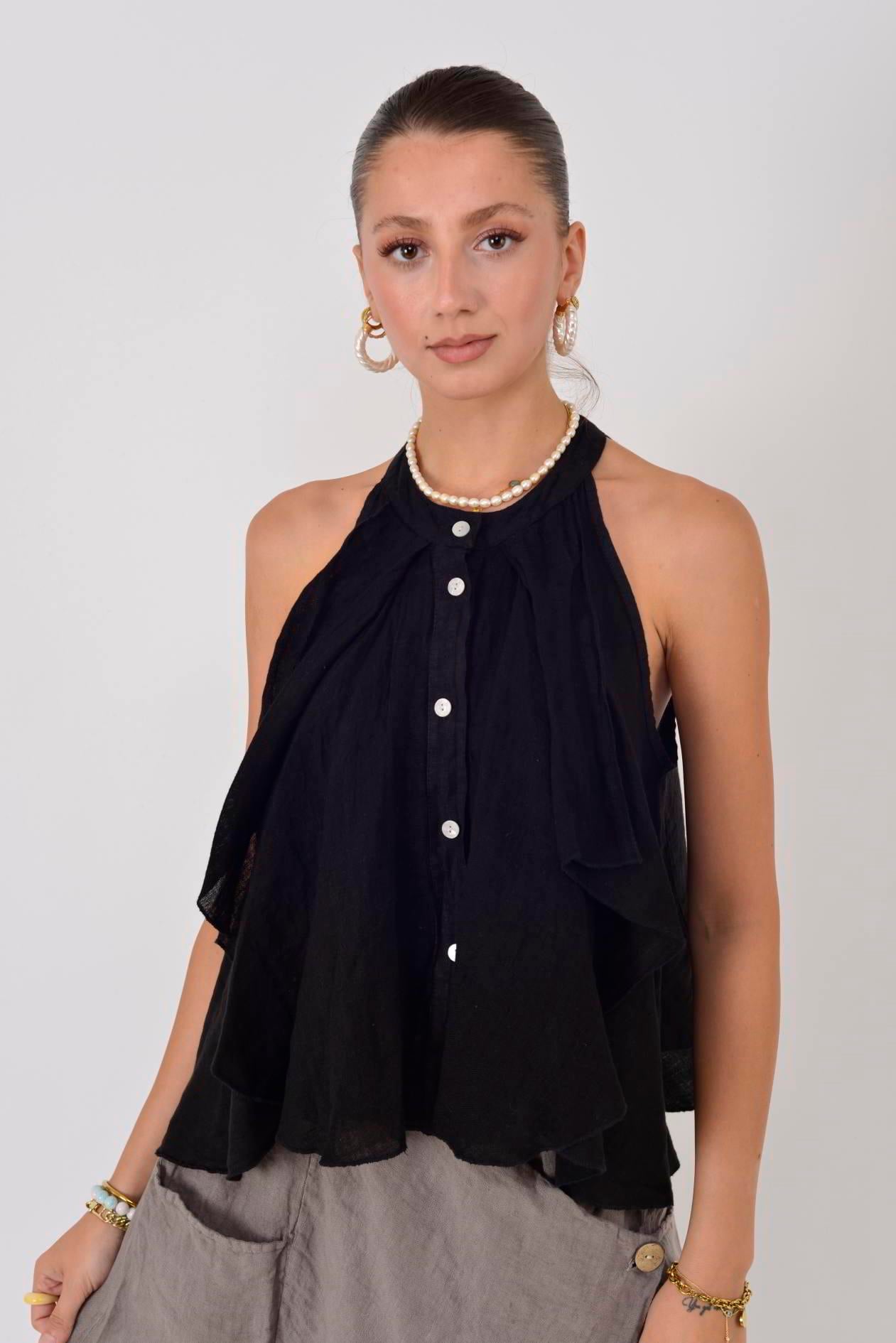 E3132 FIRFIRLI HALTER YAKA KOLSUZ KETEN BLUZ