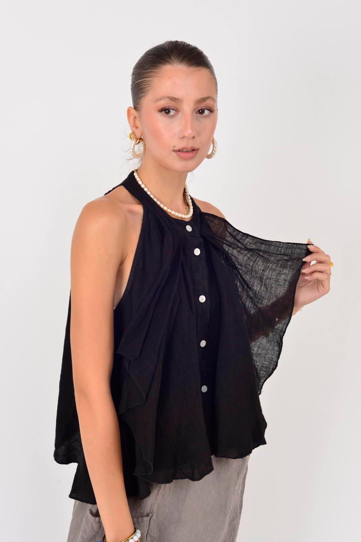 E3132 FIRFIRLI HALTER YAKA KOLSUZ KETEN BLUZ