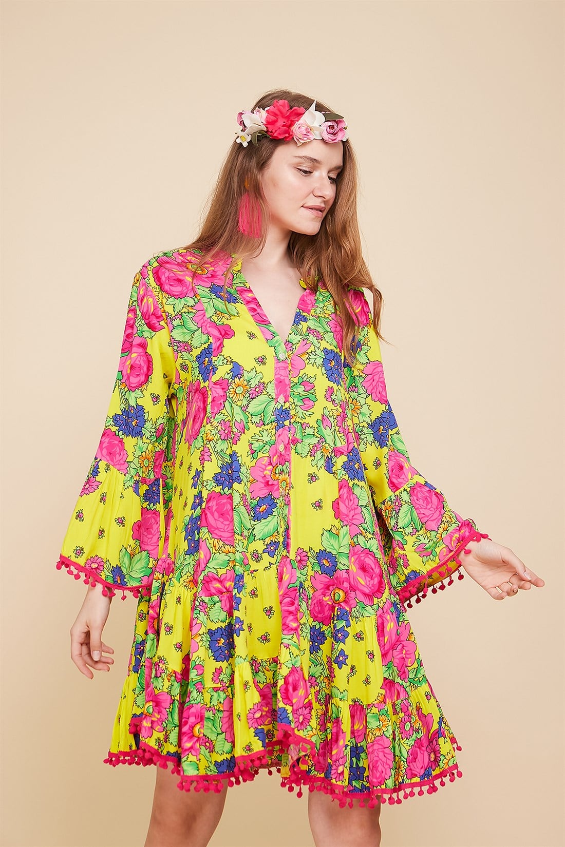 AN179 FLORAL DESEN BOHO KISA ELBİSE