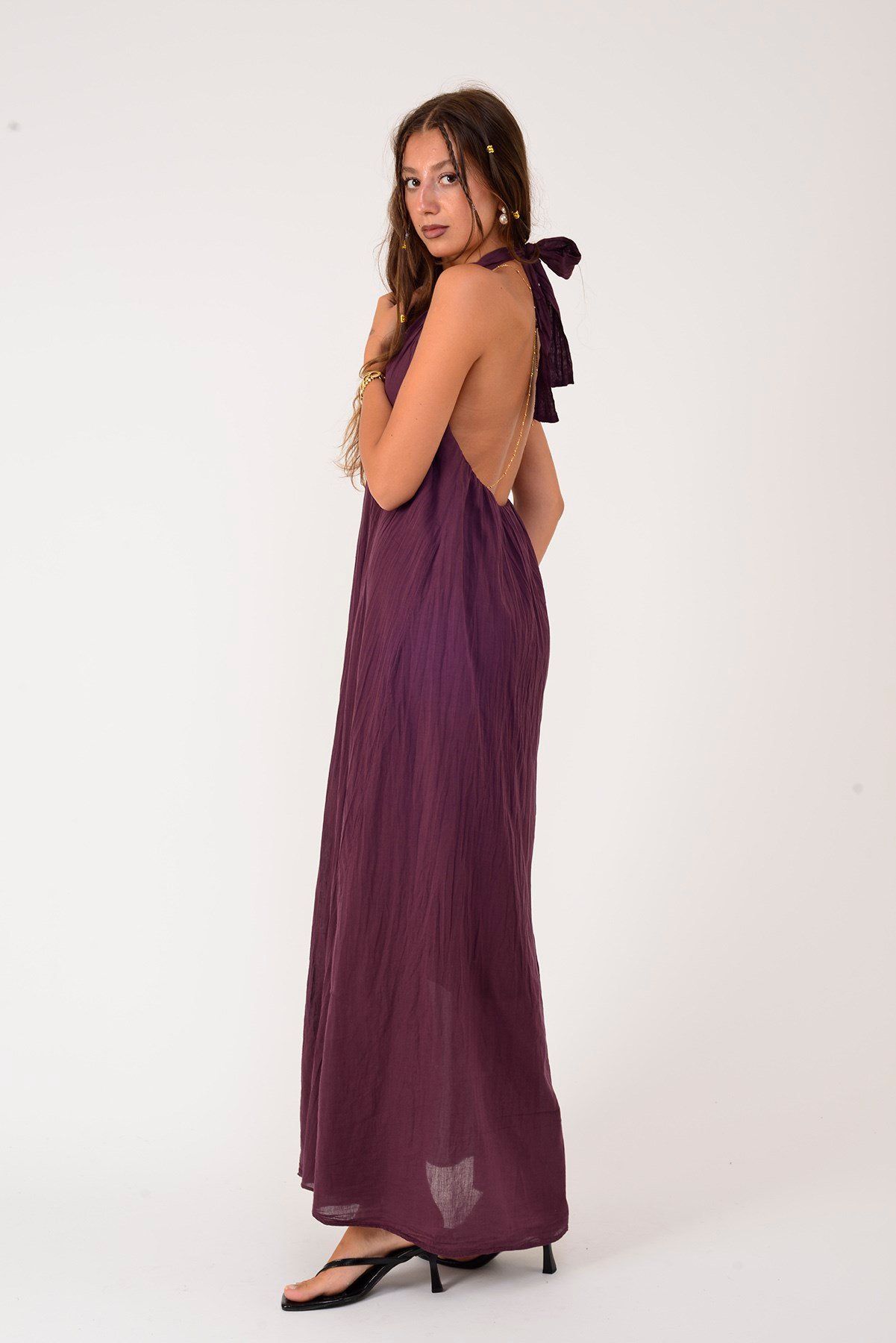 H3065 HALTER YAKA BOYUNDAN BAĞLAMALI ELBİSE