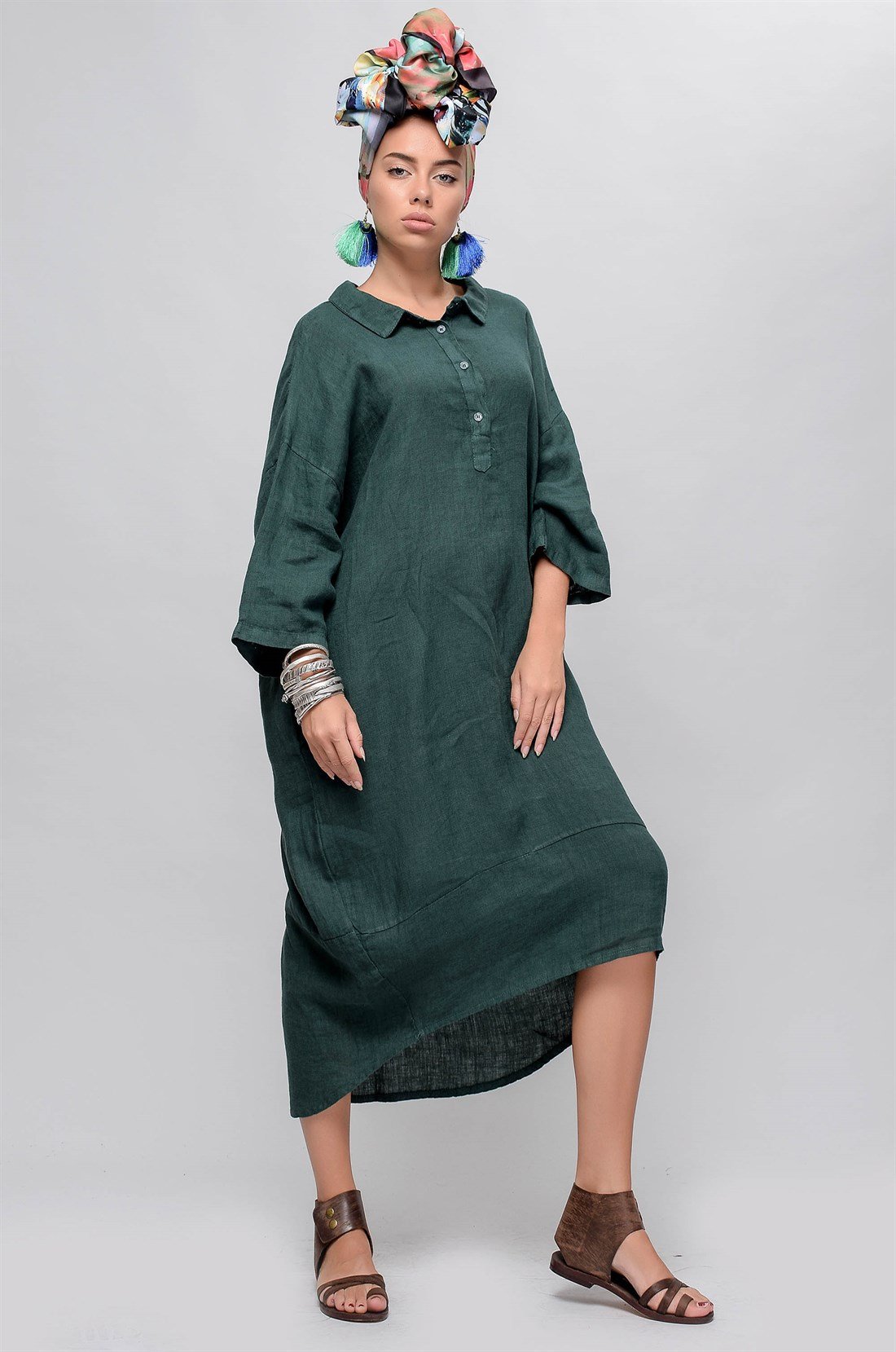 5265 HALKA DETAYLI POLO YAKA KETEN ELBİSE