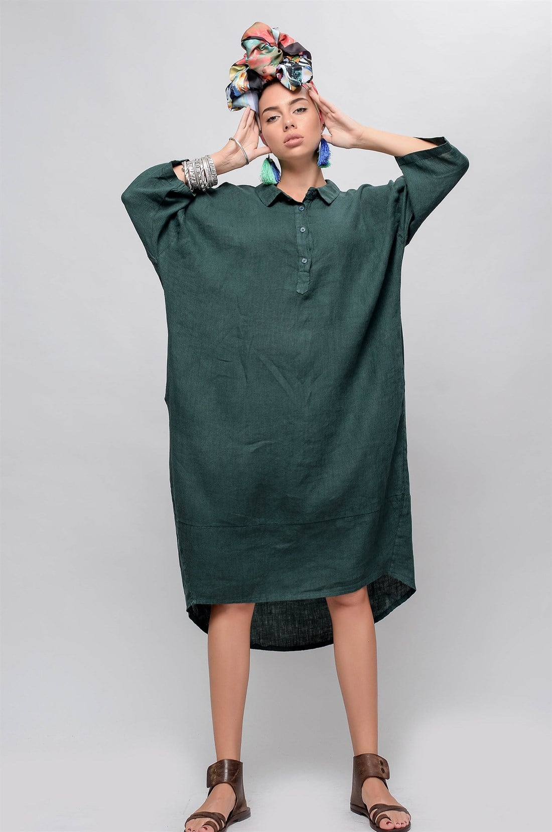 5265 HALKA DETAYLI POLO YAKA KETEN ELBİSE