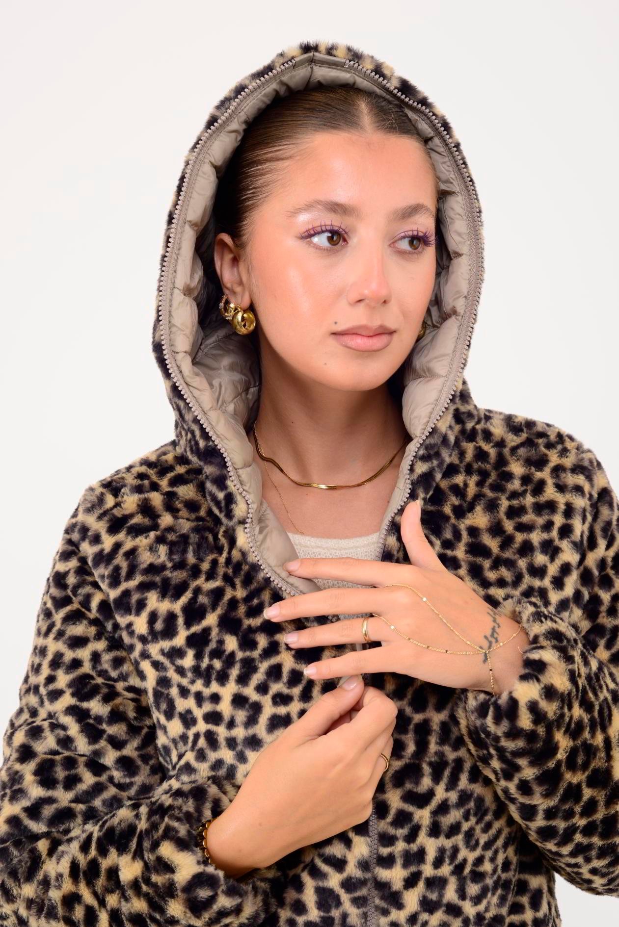 HV811 TWIN KÜRK DETAYLI LEOPARLI ÇİFT TARAFLI MONT