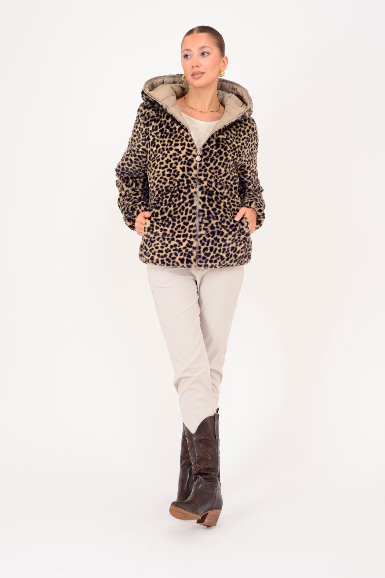 HV811 TWIN KÜRK DETAYLI LEOPARLI ÇİFT TARAFLI MONT