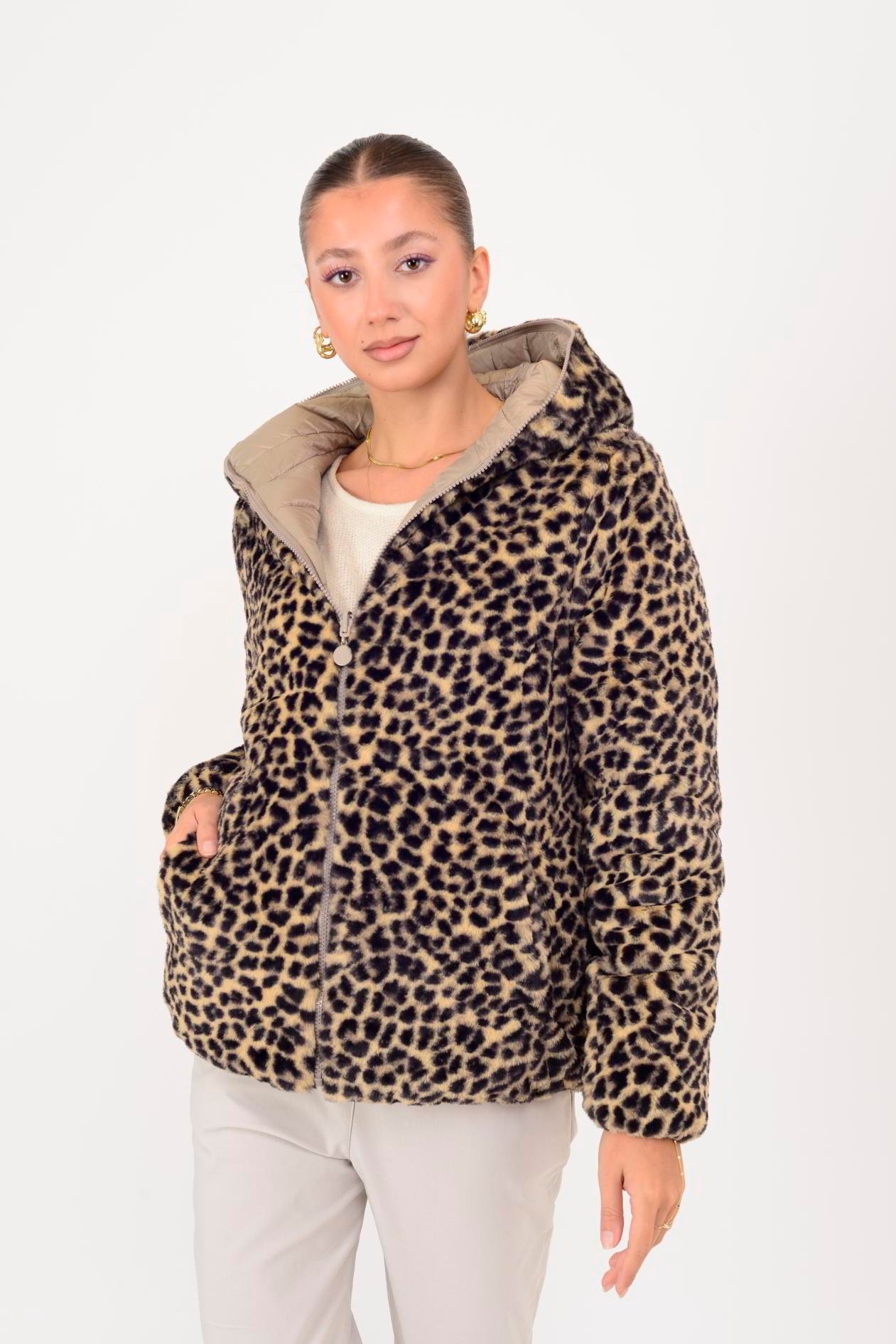 HV811 TWIN KÜRK DETAYLI LEOPARLI ÇİFT TARAFLI MONT