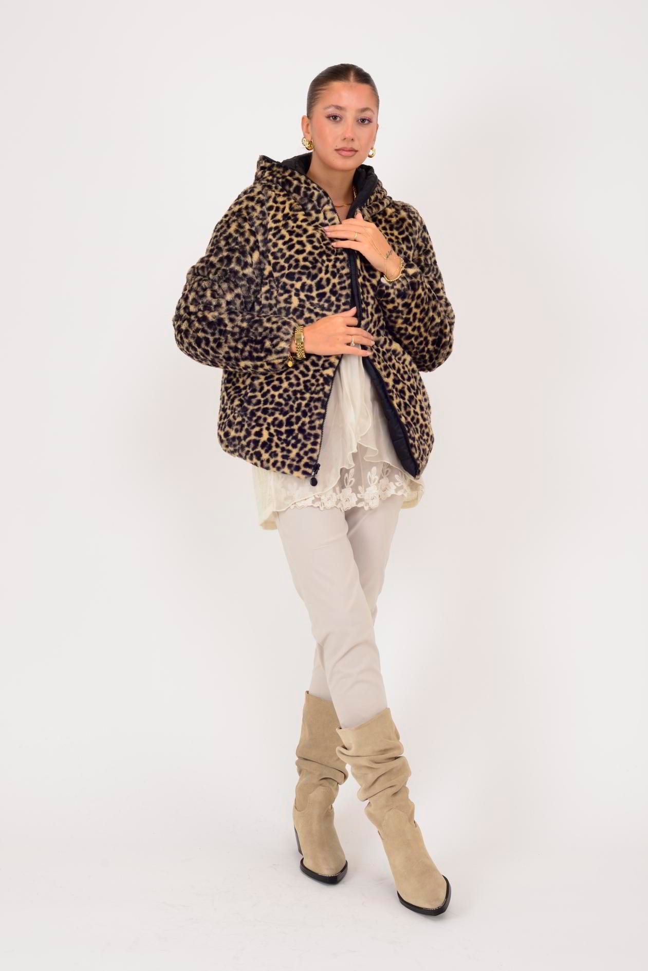 HV811 TWIN KÜRK DETAYLI LEOPARLI ÇİFT TARAFLI MONT