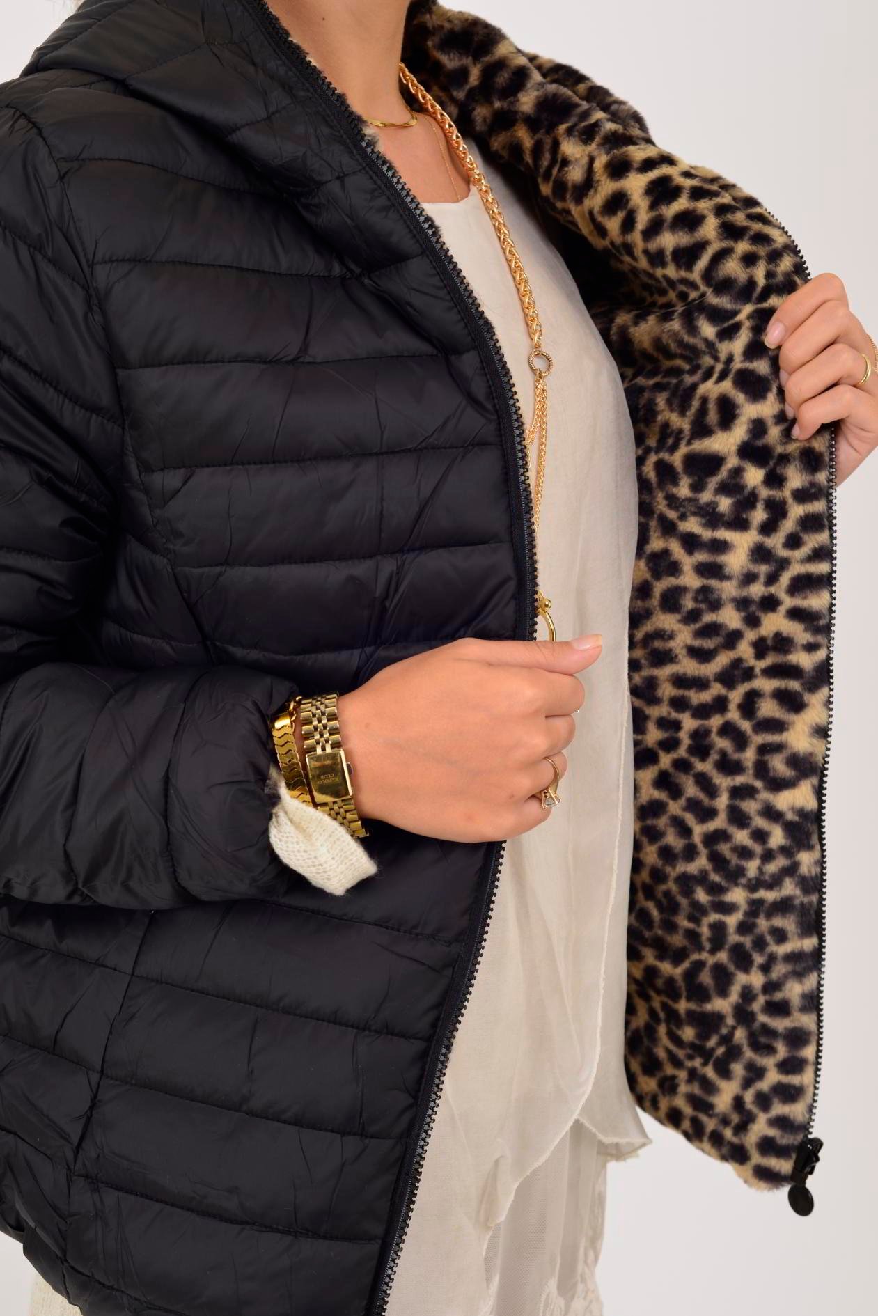 HV811 TWIN KÜRK DETAYLI LEOPARLI ÇİFT TARAFLI MONT