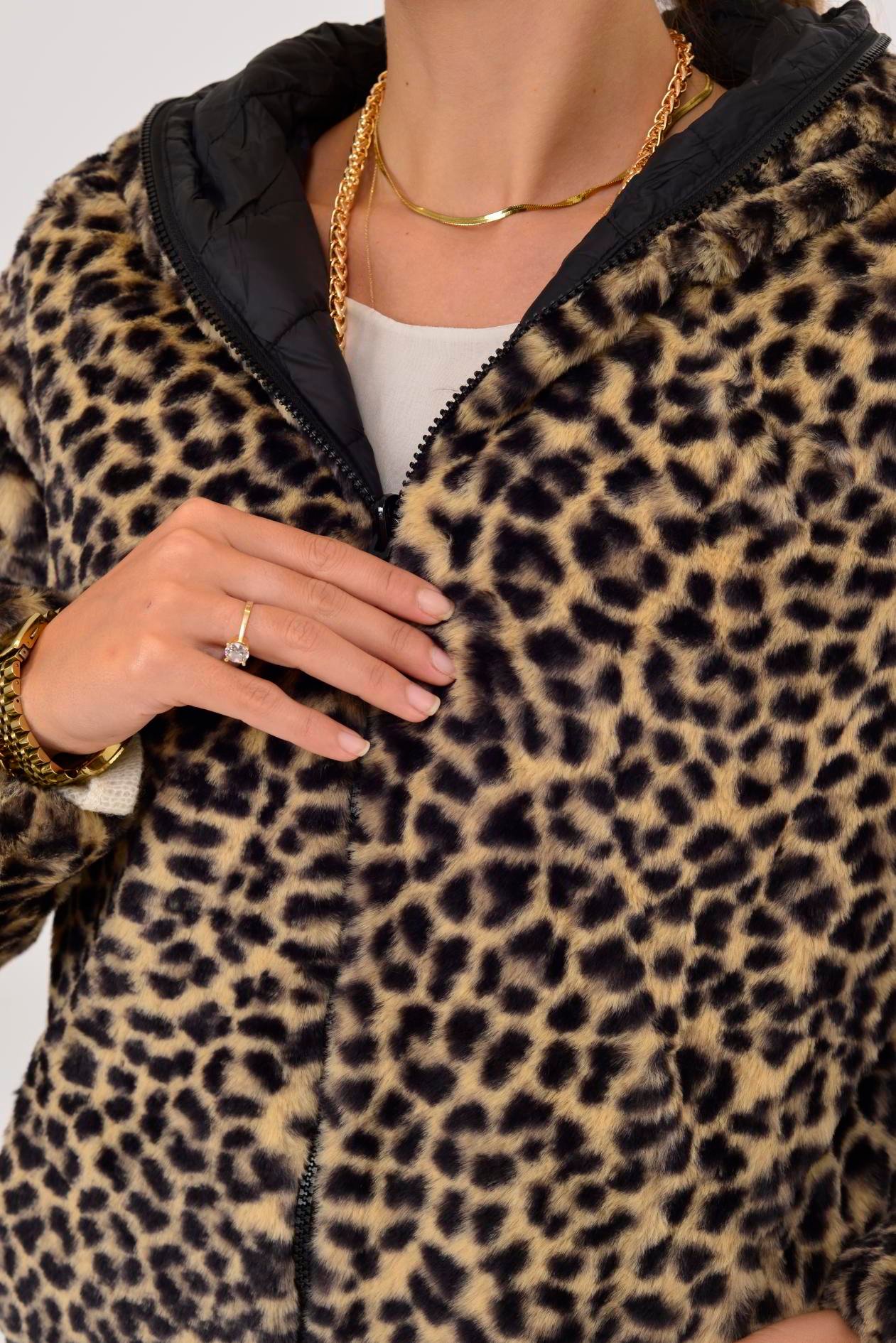 HV811 TWIN KÜRK DETAYLI LEOPARLI ÇİFT TARAFLI MONT