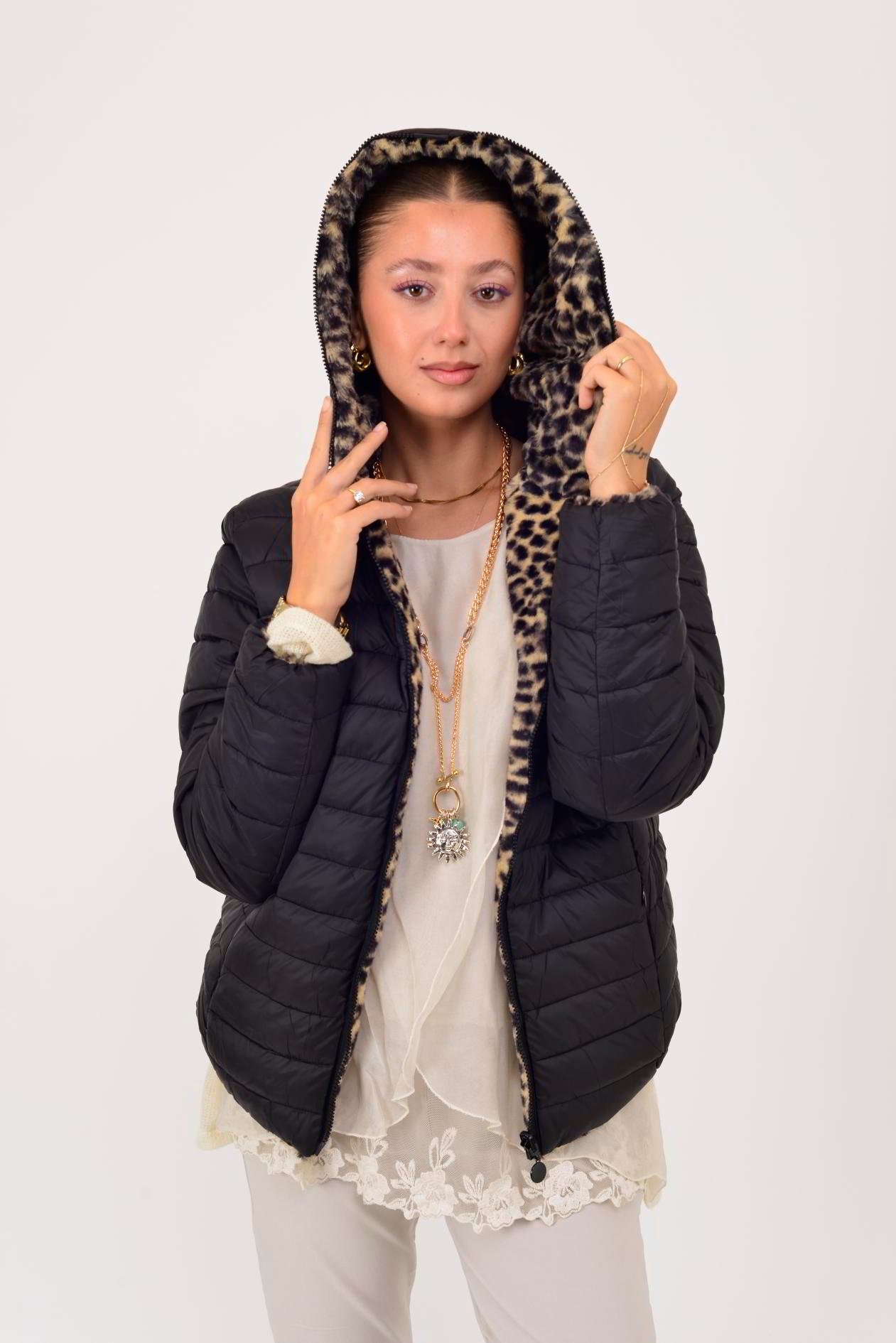 HV811 TWIN KÜRK DETAYLI LEOPARLI ÇİFT TARAFLI MONT