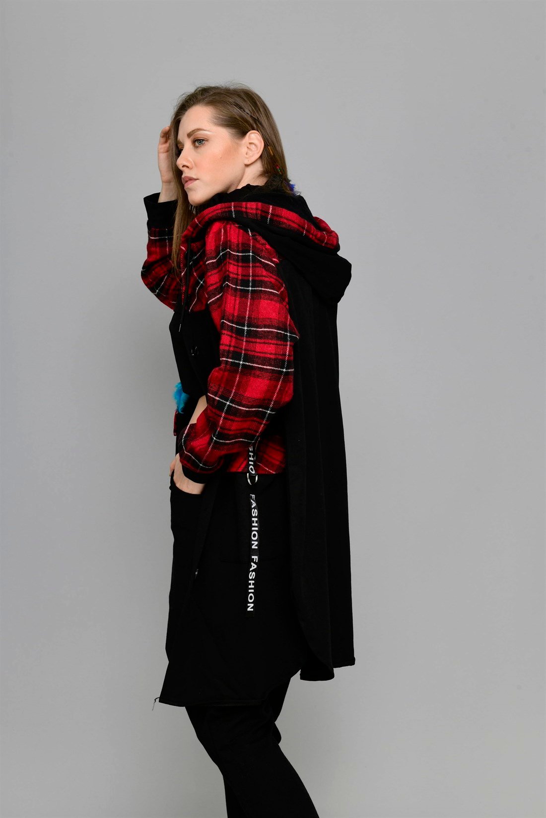 JY746 KAPÜŞONLU EKOSE DESEN SWEATSHIRT