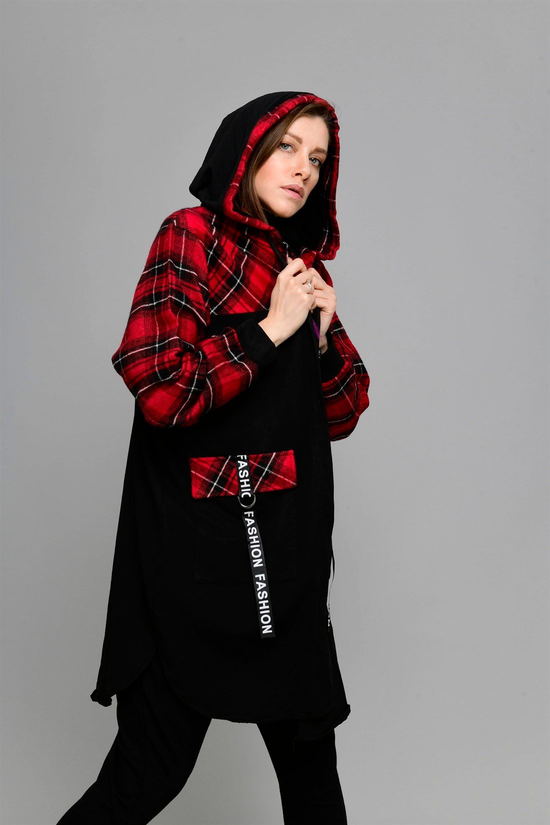 JY746 KAPÜŞONLU EKOSE DESEN SWEATSHIRT