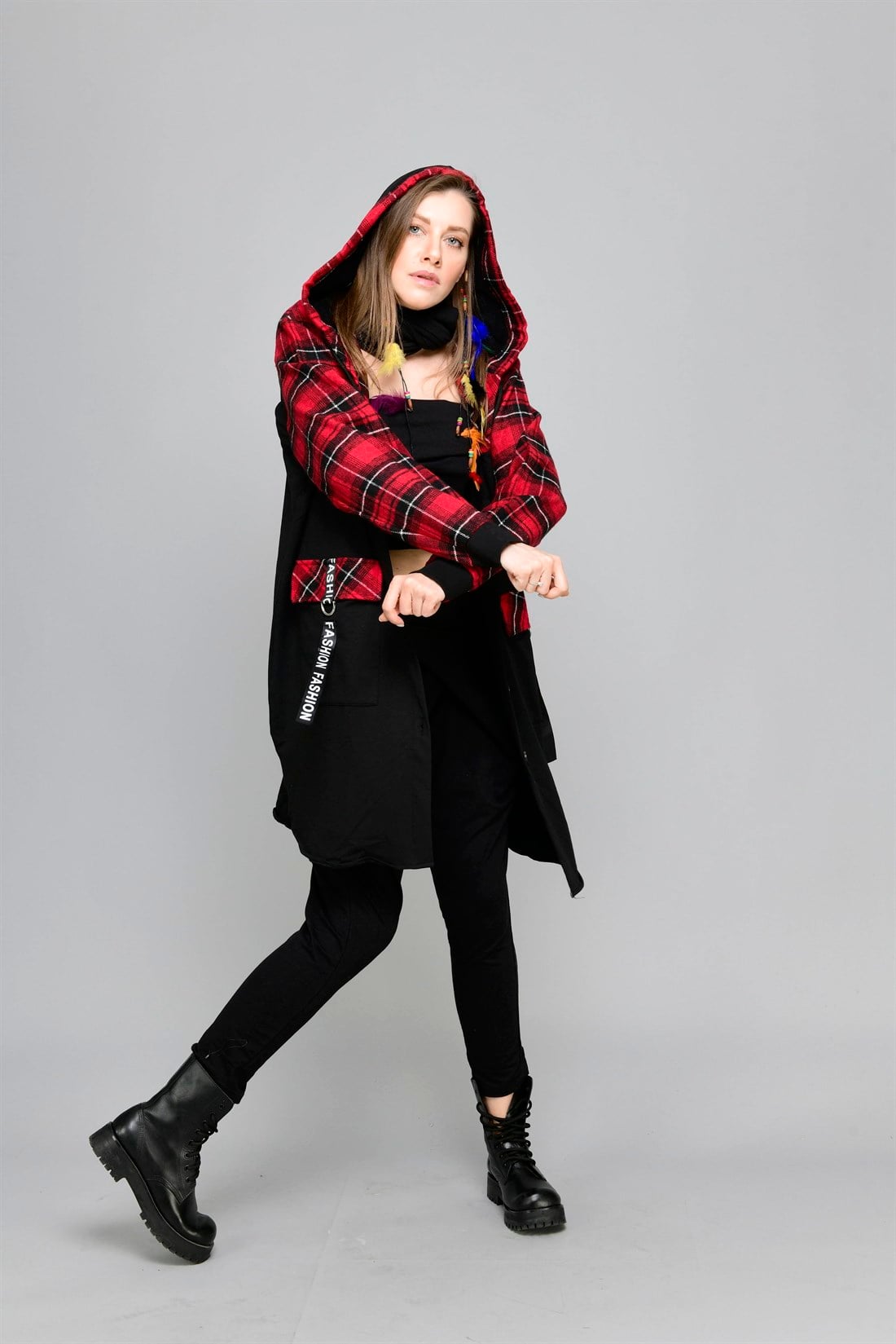 JY746 KAPÜŞONLU EKOSE DESEN SWEATSHIRT