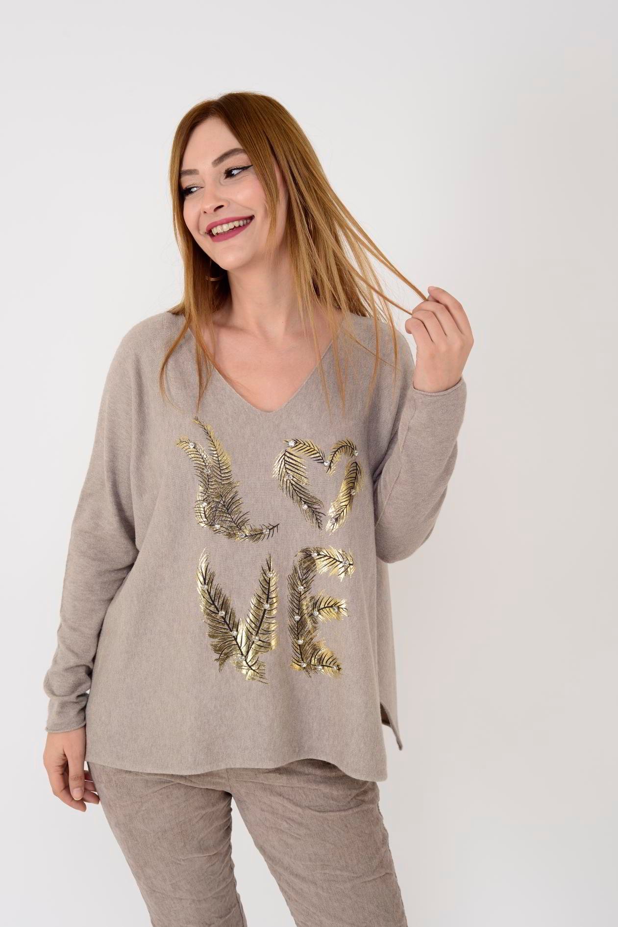 M034 LOVE BASKILI TÜY DESEN V YAKA TRİKO BLUZ