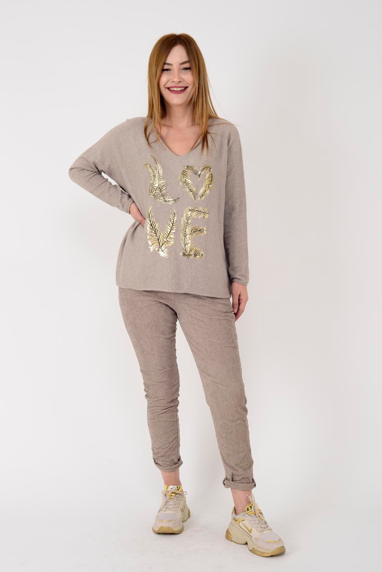 M034 LOVE BASKILI TÜY DESEN V YAKA TRİKO BLUZ