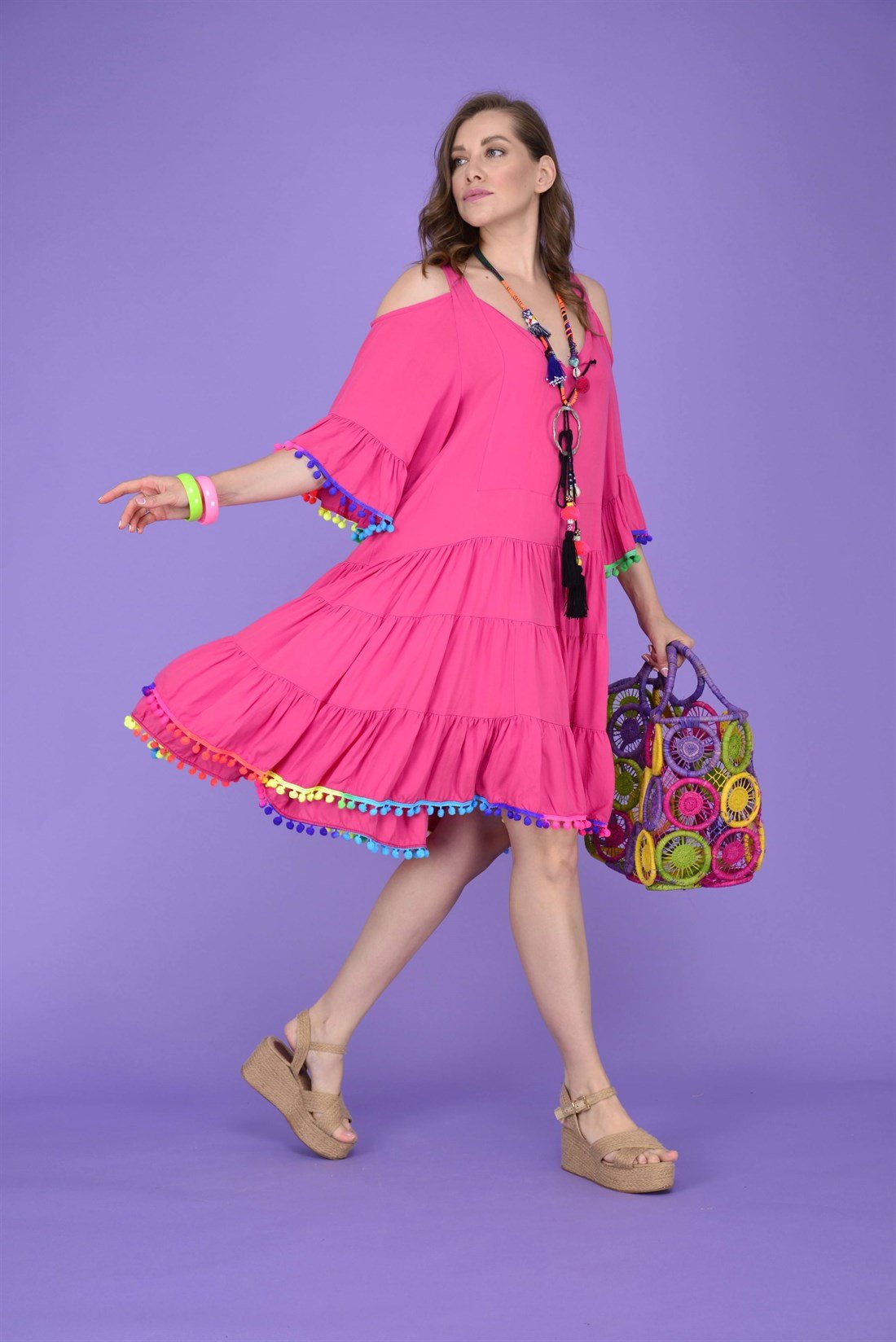 PM00152 PÜSKÜL VE PONPONLU BOHO ELBİSE