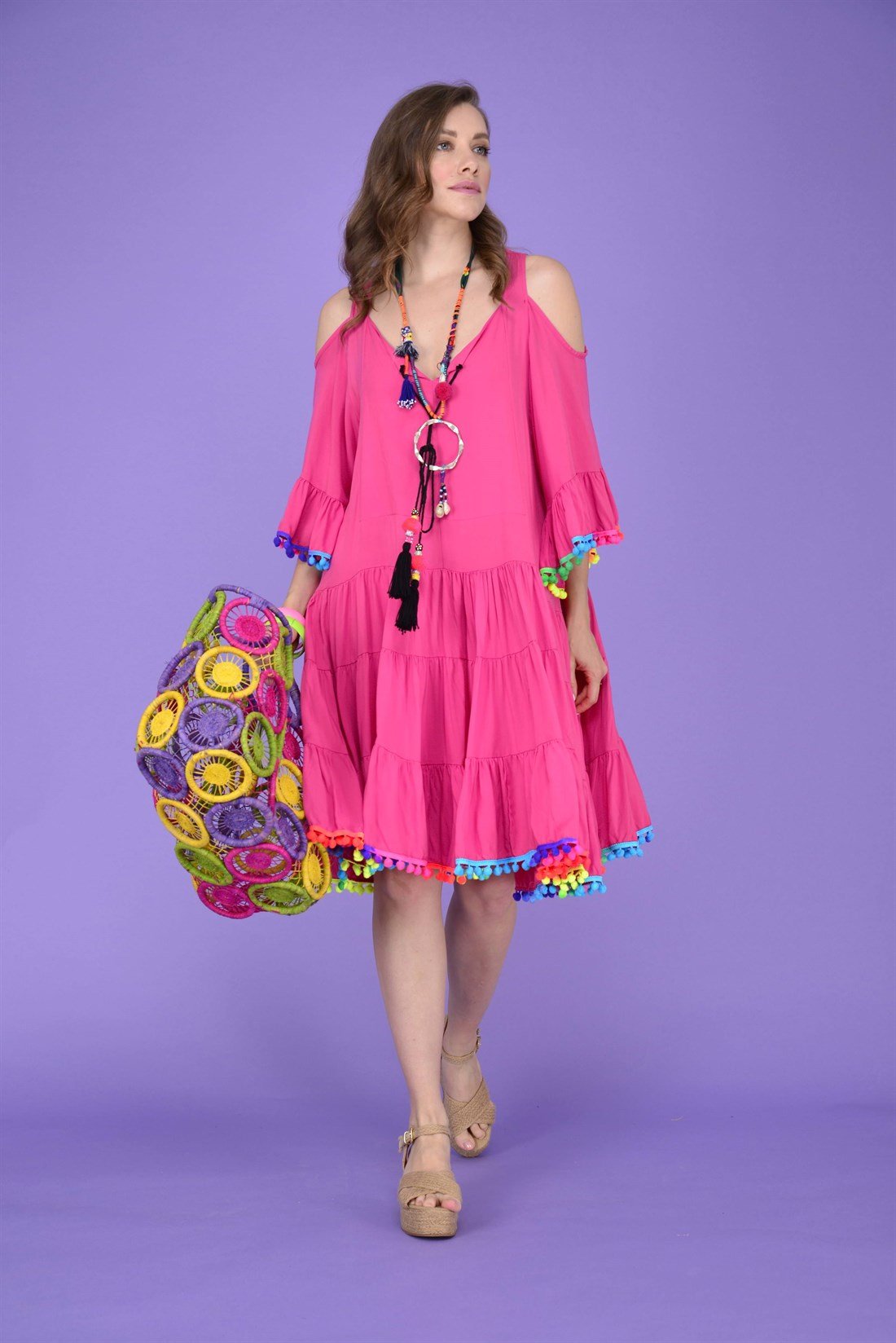 PM00152 PÜSKÜL VE PONPONLU BOHO ELBİSE