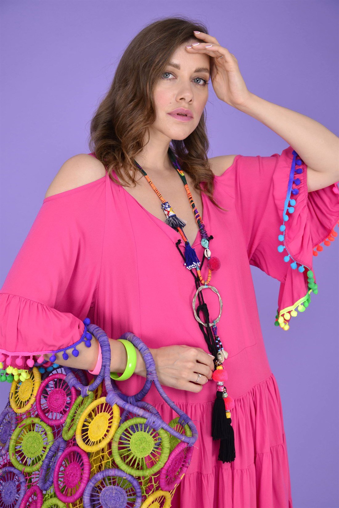 PM00152 PÜSKÜL VE PONPONLU BOHO ELBİSE