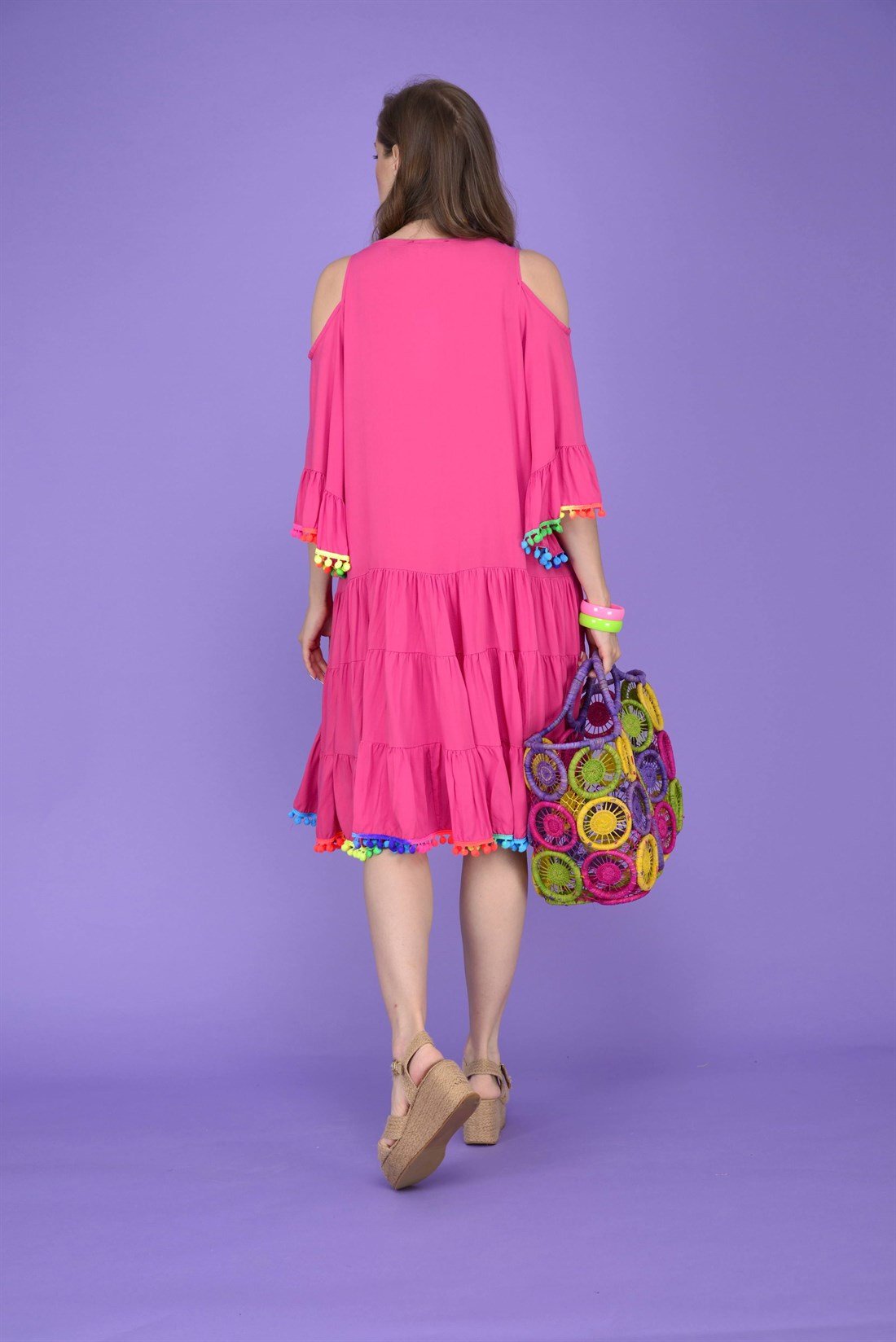 PM00152 PÜSKÜL VE PONPONLU BOHO ELBİSE