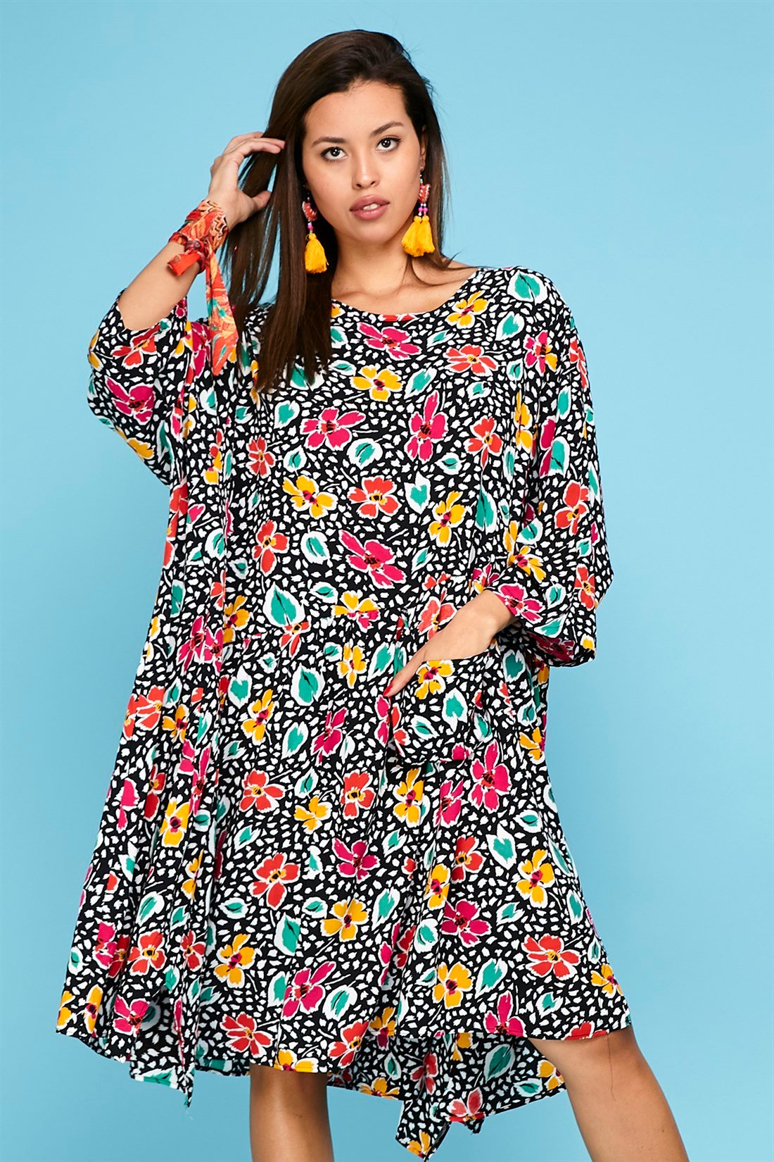 RN13 KARIŞIK DESEN BOHO OVERSIZE ELBİSE