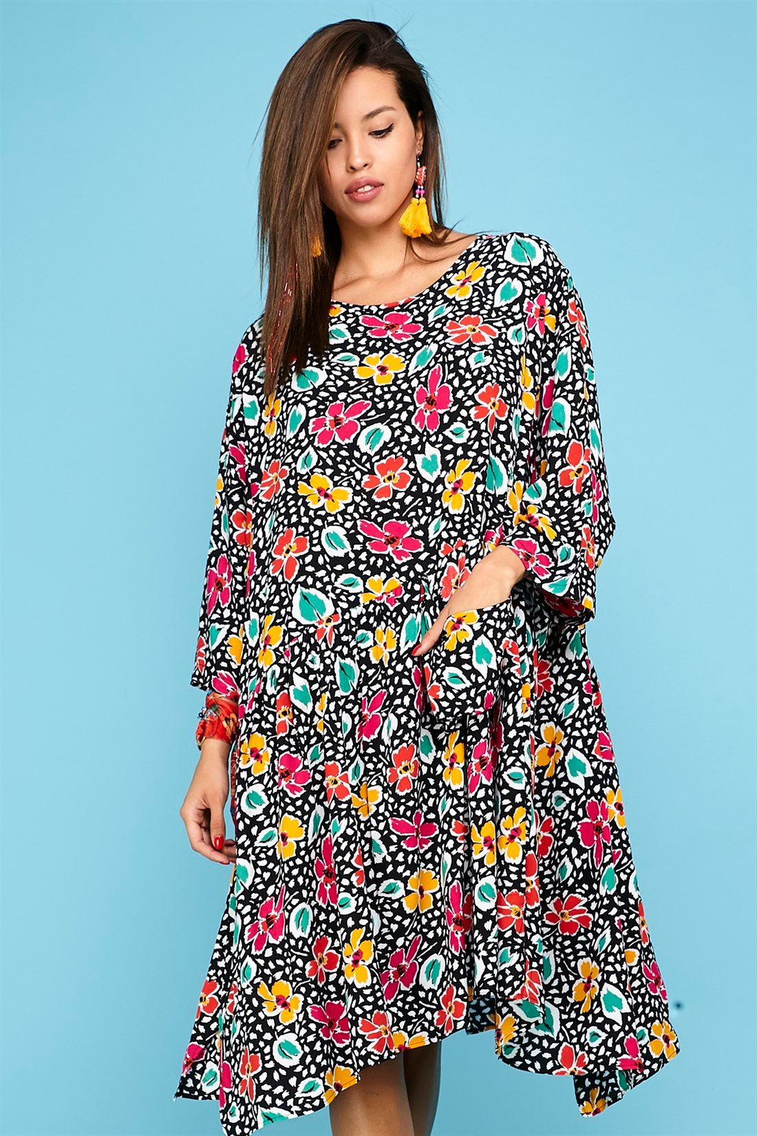 RN13 KARIŞIK DESEN BOHO OVERSIZE ELBİSE