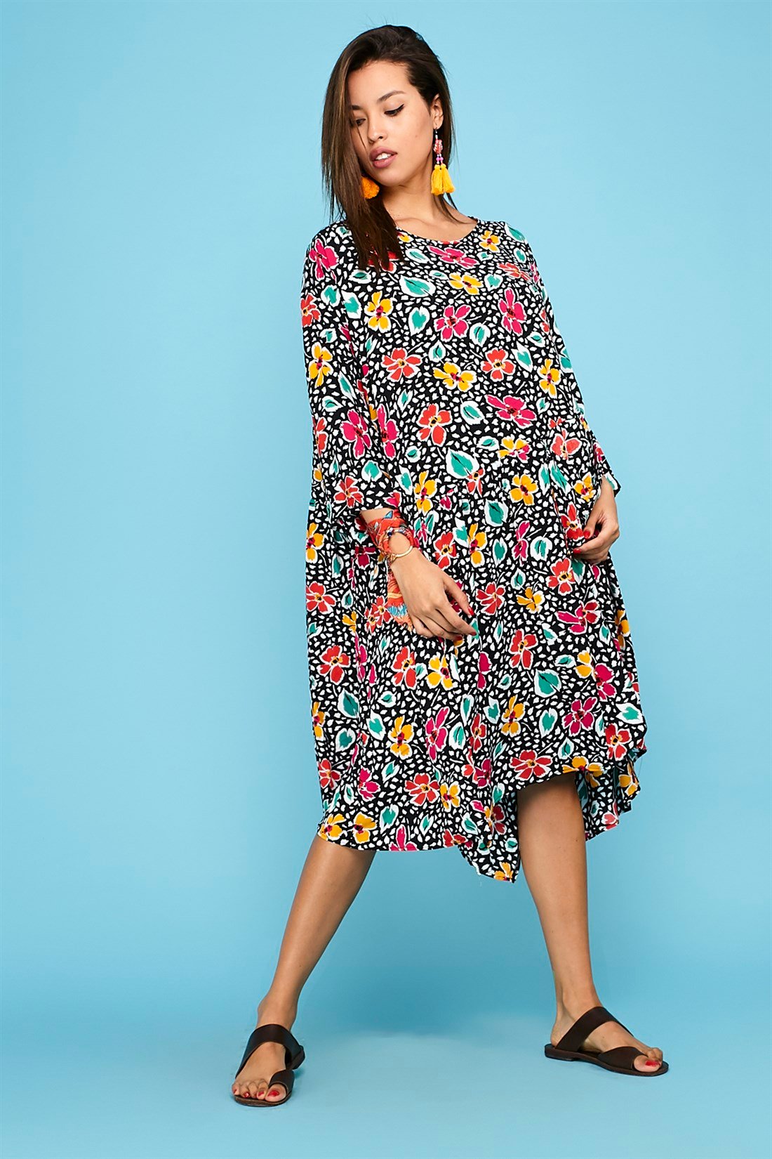 RN13 KARIŞIK DESEN BOHO OVERSIZE ELBİSE