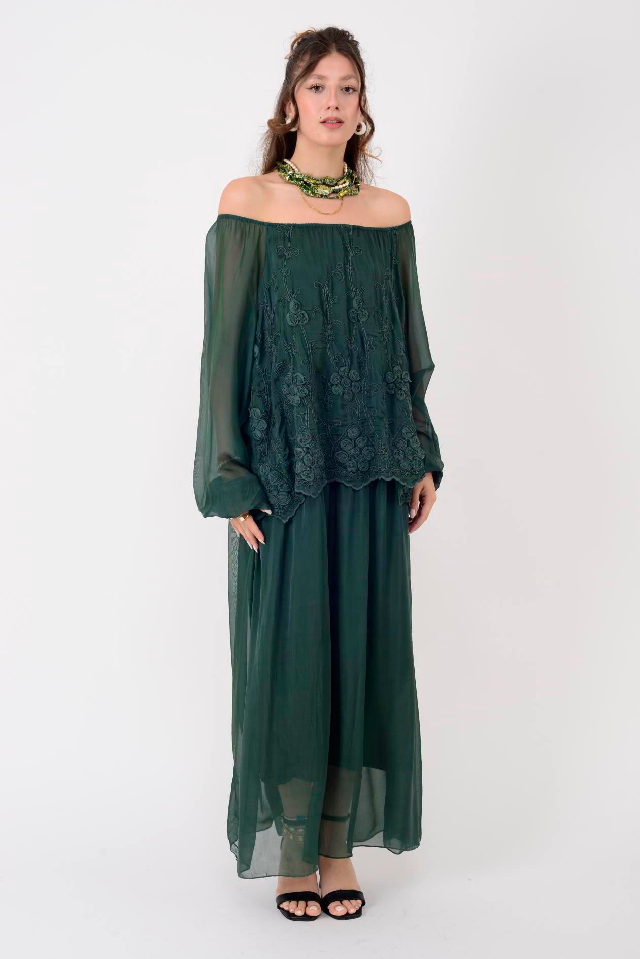 SN381 MADONNA YAKA İŞLEME DETAYLI İPEK ELBİSE