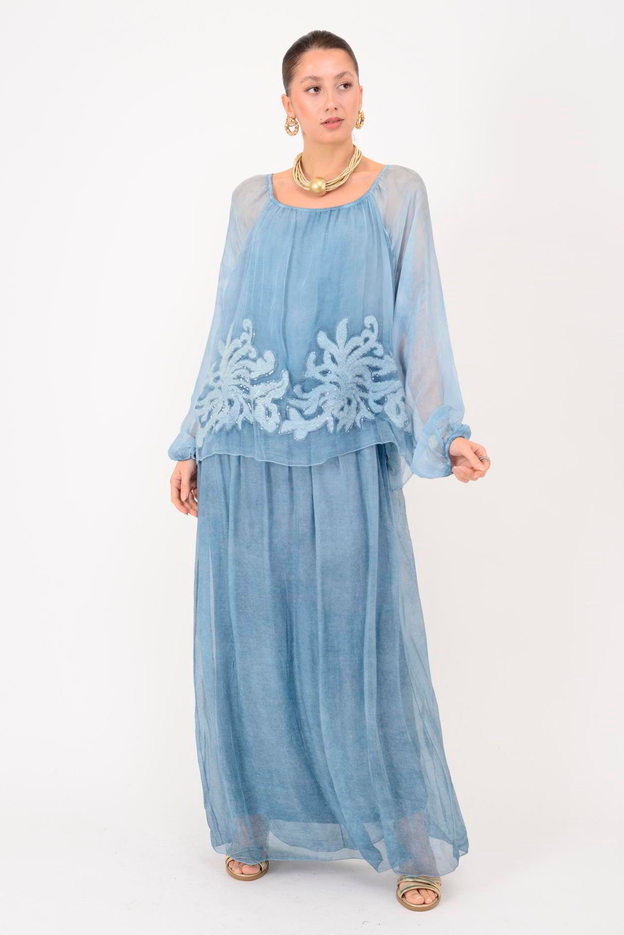 SN510 MADONNA YAKA KABARTMALI PAYET DETAYLI İPEK ELBİSE