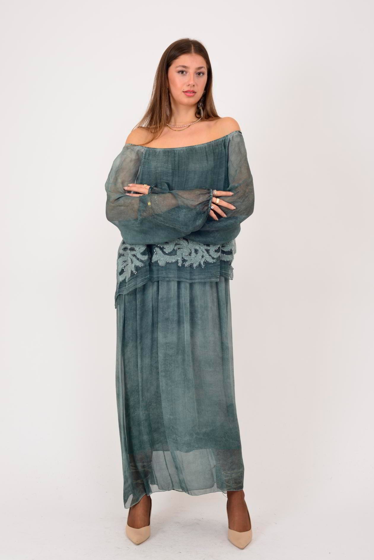 SN510 MADONNA YAKA KABARTMALI PAYET DETAYLI İPEK ELBİSE