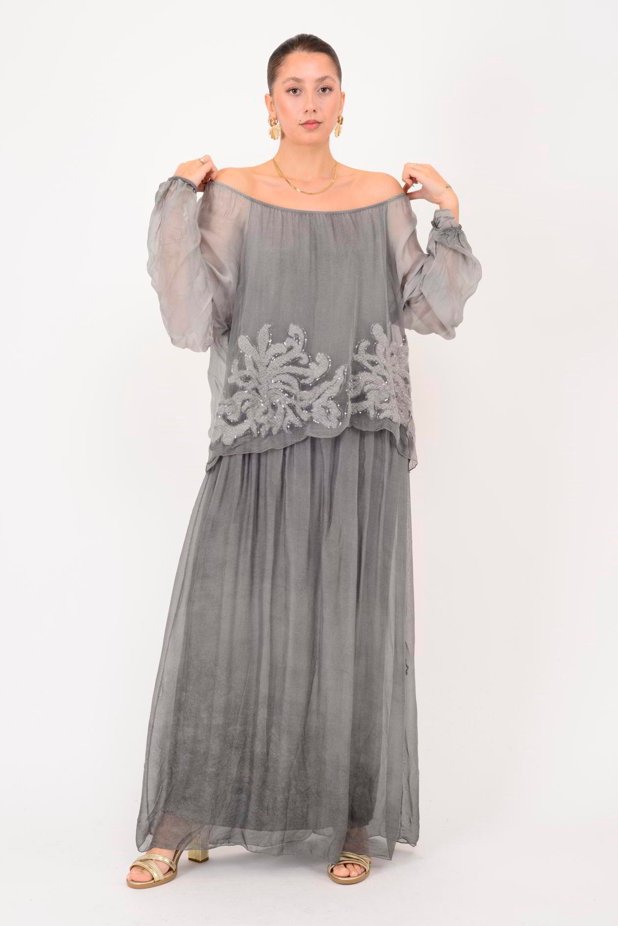 SN510 MADONNA YAKA KABARTMALI PAYET DETAYLI İPEK ELBİSE