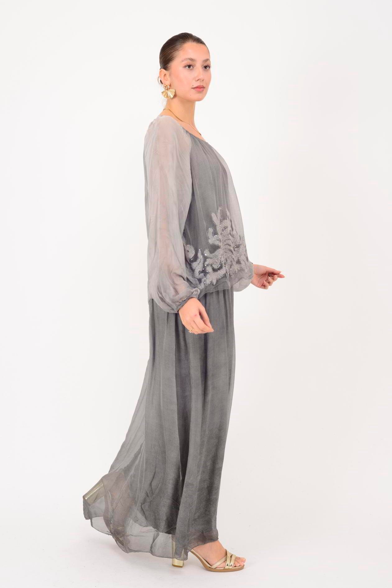 SN510 MADONNA YAKA KABARTMALI PAYET DETAYLI İPEK ELBİSE